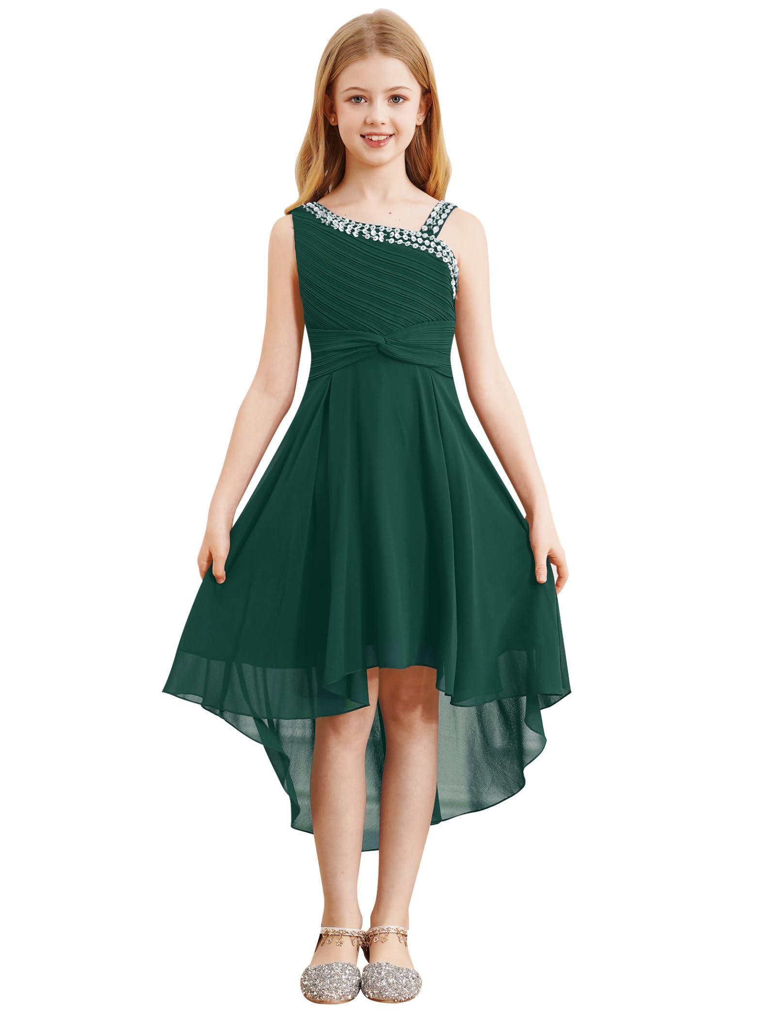 Hedmy Vestido Gasa de Elegante para Niña Vestido Asimétrico de Dama de Honor sin Manga con Lentejuelas Vestido de Graduación 5-16 Años