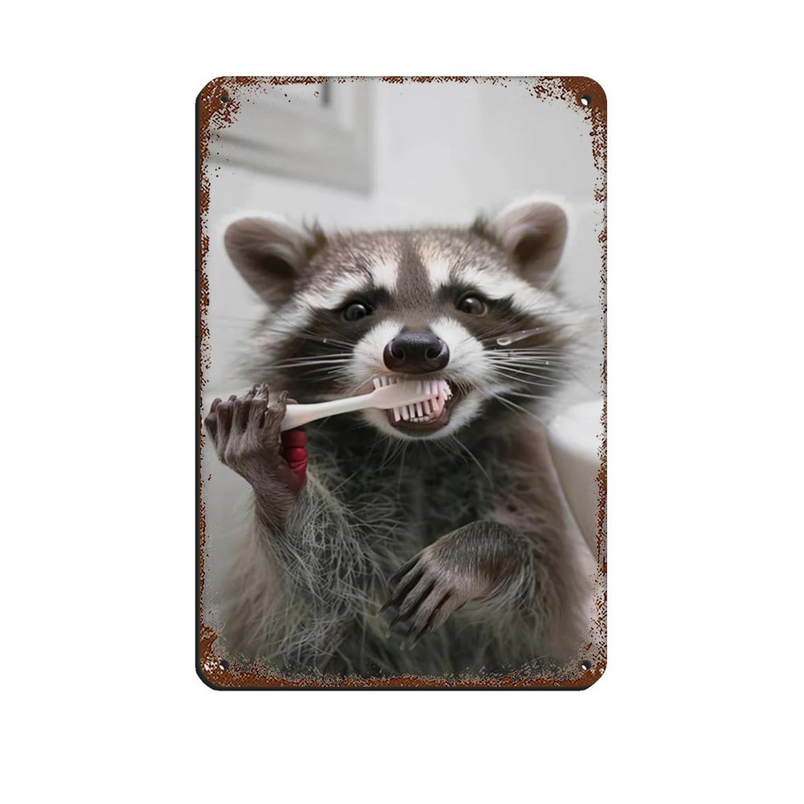 Raccoon Brushing Teeth, Hilarious Bathroom Art Retro Poster Metal Tin Sign Chic Art Retro Iron Painting Bar People Cave Cafe Family Garage Poster Wall Decoration 8x12inch(20x30cm)