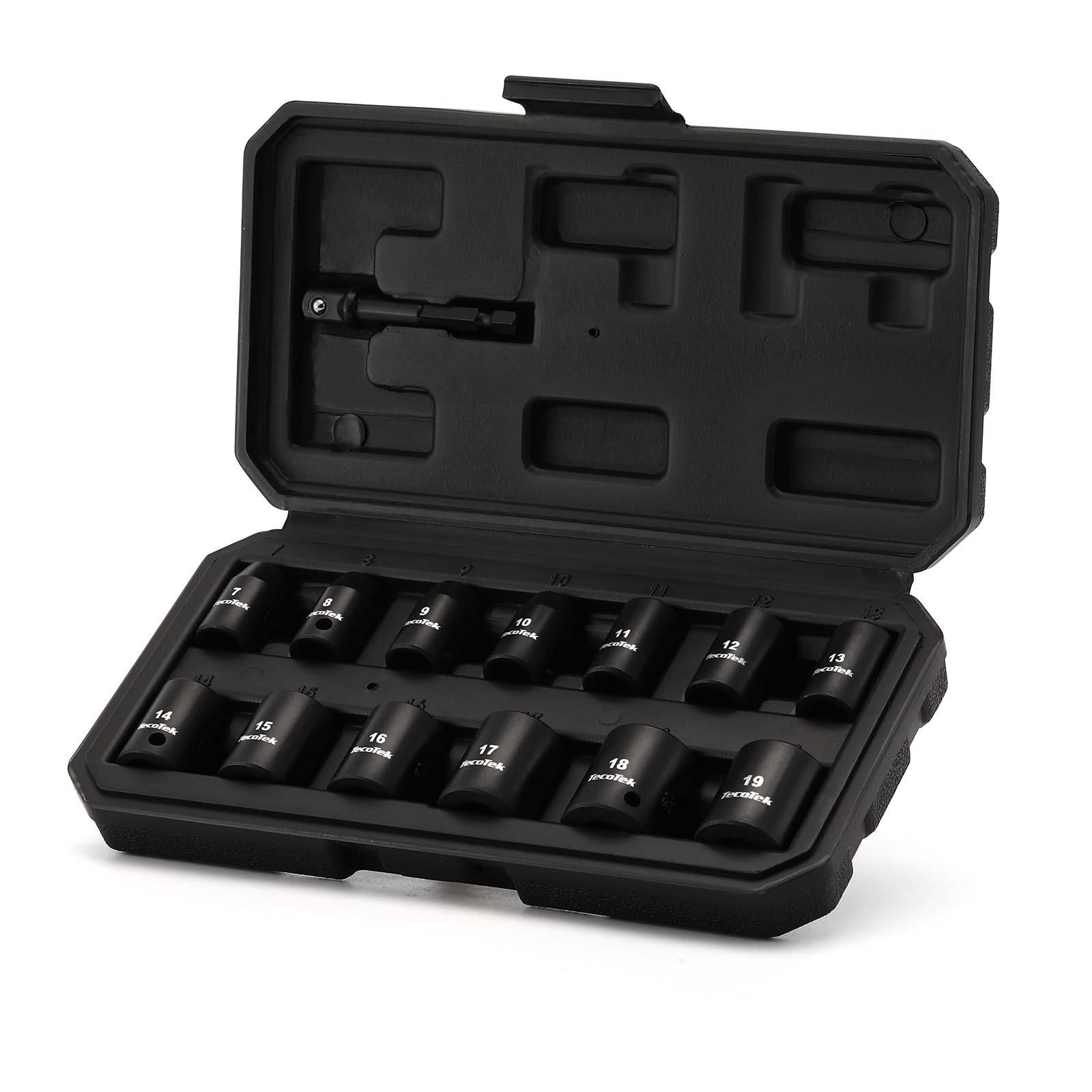 TecoTek Juego de 14 llaves de impacto métricas poco profundas de 3/8 pulgadas, CR-V, 7 mm a 19 mm, adaptador de taladro de 1/10.2 cm-3/20.3 cm