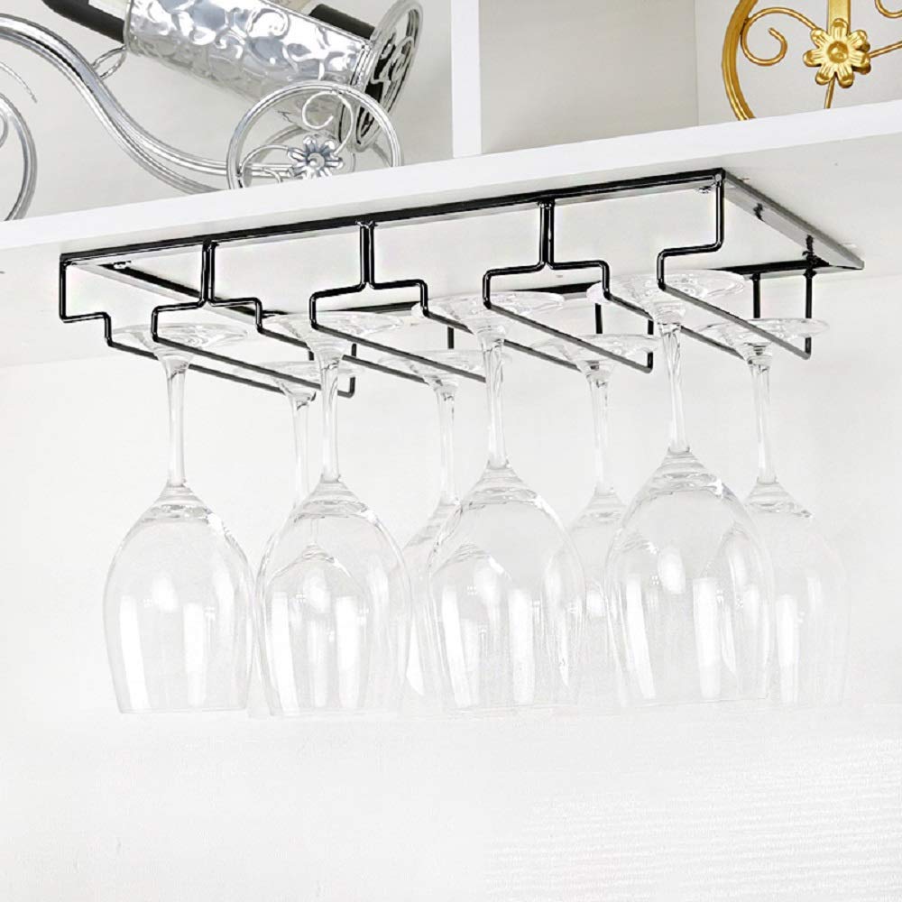 Photo 1 of FOMANSH Wine Glass Rack - Under Cabinet Stemware Wine Glass Holder Glasses Storage Hanger 2 Pack Metal Organizer for Bar Kitchen 4 Rows Black