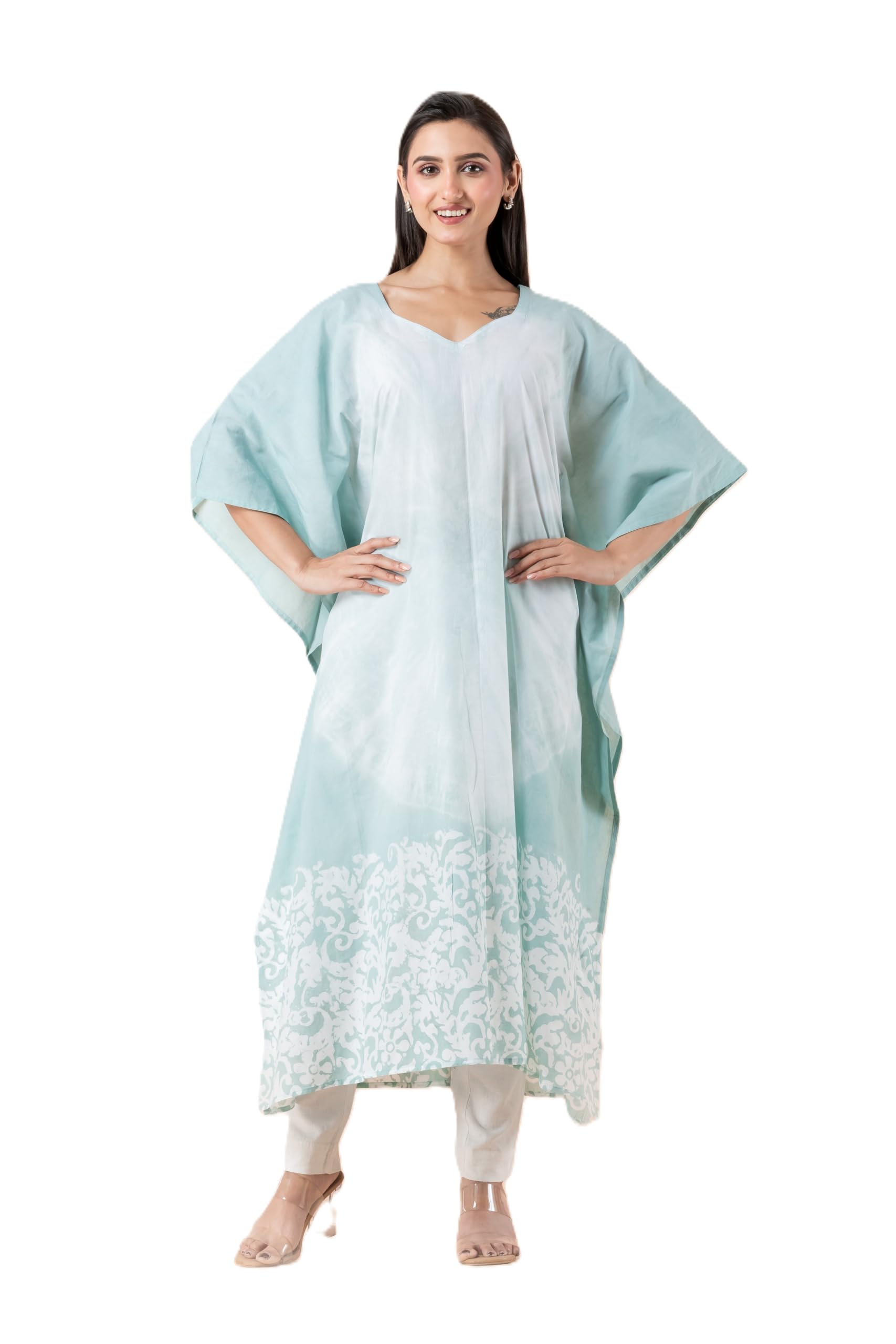 jalpaibon Women’s Printed Cotton Kaftan Dress | Loose Fit Lounge Wear | V-Neck Casual Maxi Nightwear with Drawstring Waist-JKF-26-03-4 Green-picture-8