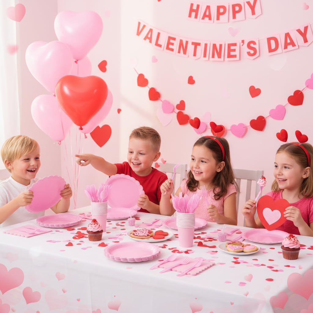 175 Pcs Pink Plates and Napkins, Pink Valentines Plates Set Include Scalloped Plate Napkins Cups Plastic Spoons Forks Knives Disposable Dinnerware for Birthday, Wedding, Bridal Baby Shower - Image 5