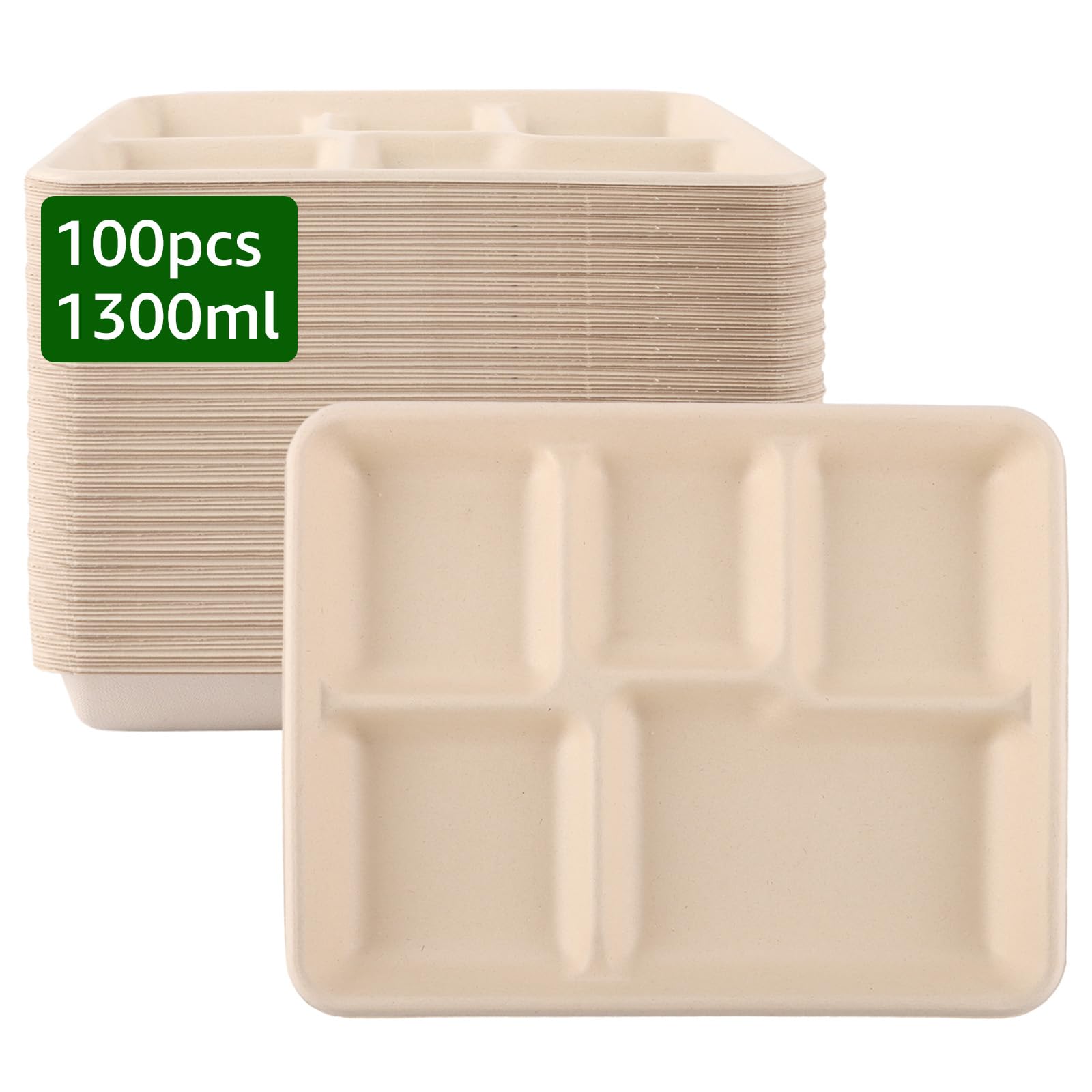 100 Piatti Di Carta Quadrati, 26 Cm, 5 Divisi, Riutilizzabili, Materiale Di Canna Da Zucchero Adatto Per Contenere Diversi Tipi Di Vassoi Alimentari