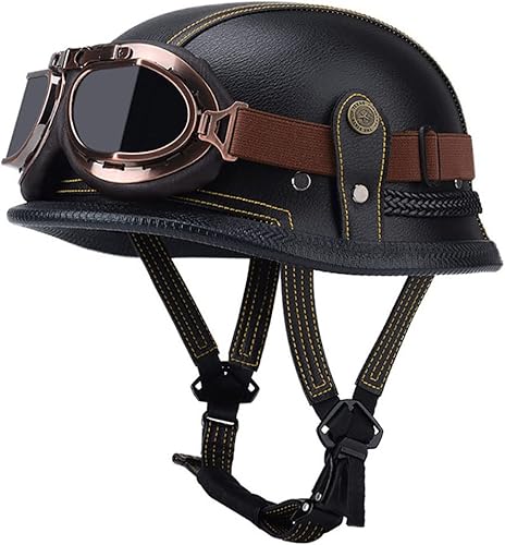 Miniatura 8 de Casco de media cara de cuero alemán para motocicleta, aprobado por DOT, casco de media carcasa + gafas, casco retro con hebilla ajustable de