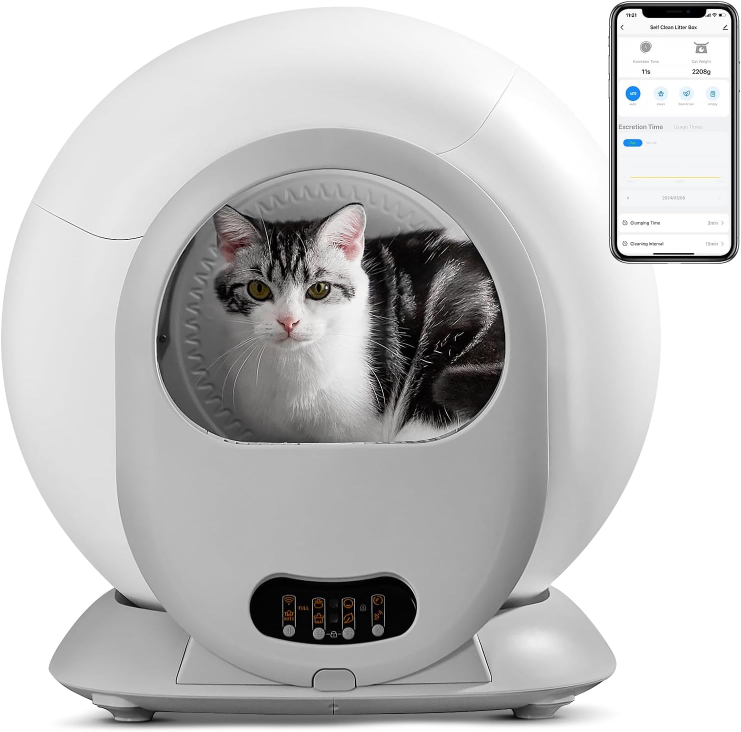 BRIGHTSHOW Large Self Cleaning Cat Litter Box, Pretty Automatic Cat Litter Box Robot with APP Control & Safe Alert & Smart Health Monitor for Kitty, Tidy Multiple Cats (White)