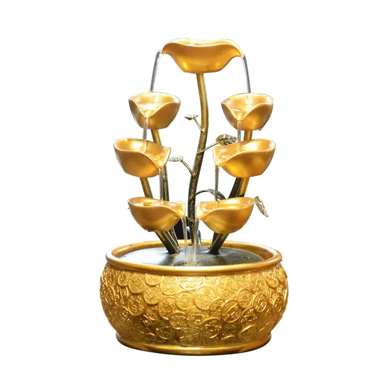 Fontana da tavolo Fontana da scrivania Fontana da scrivania con acqua corrente creativa con motivo a monete d'oro e base decorativa e fontana da tavolo con pompa Fontana da tavolo per interni(S)