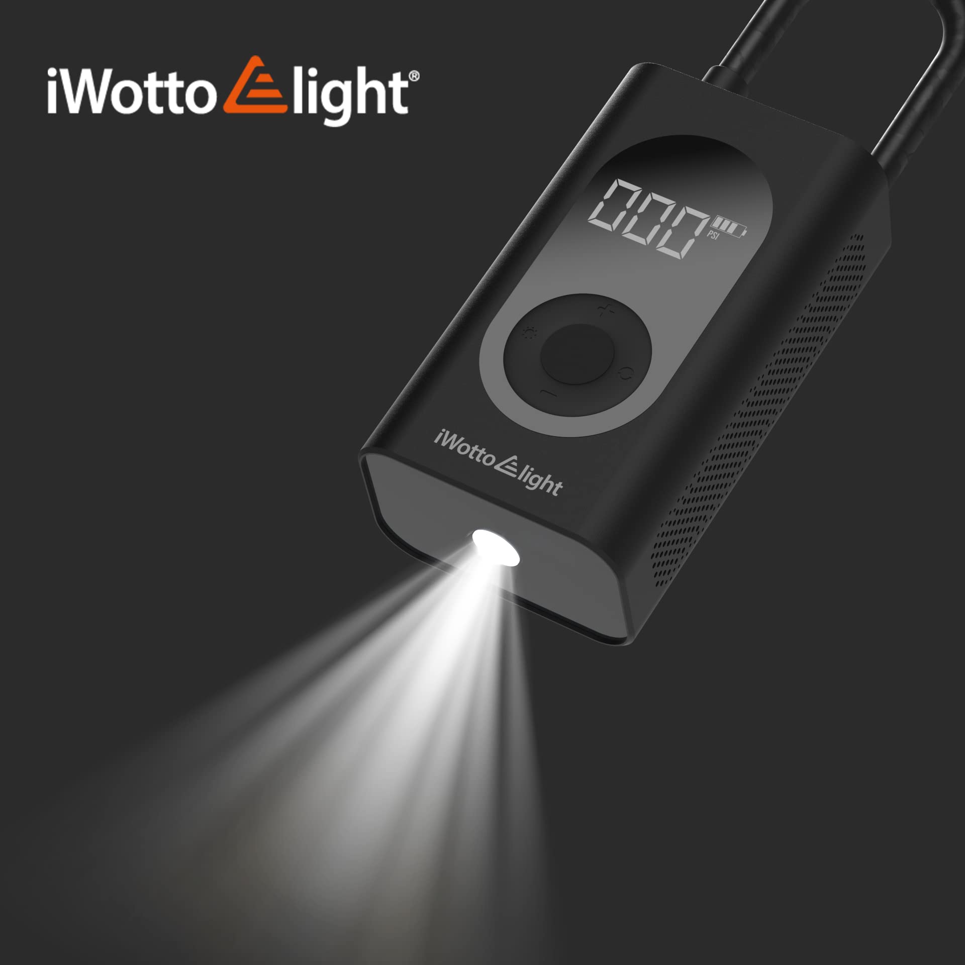 iWotto Przenośna pompka elektryczna - cyfrowy wyświetlacz LCD z czujnikiem i latarką LED - kompresor do samochodów, motocykli, rowerów i piłek - bezprzewodowa pompka elektryczna - powerbank