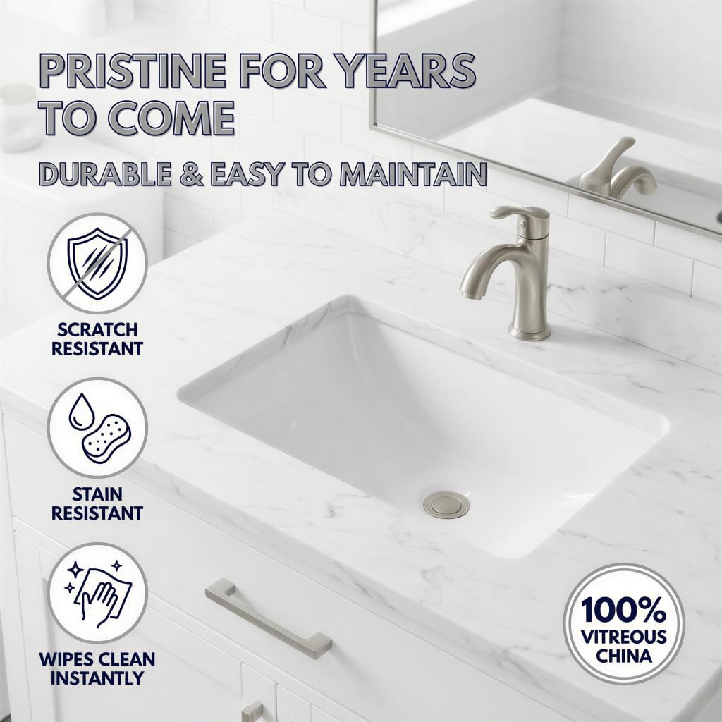 Nantucket Sinks UM-18x12-W White Undermount Bathroom Sink – 18"x12" Interior Rectangular Bowl, Bath Sink for Vanity, High Gloss White Vitreous China, Scratch & Stain Resistant – Great Point