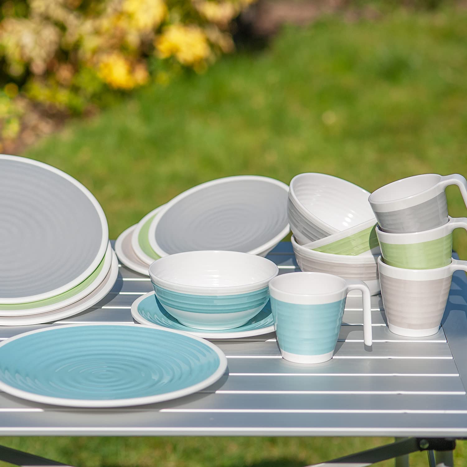Vajilla de melamina para camping, 4 personas, armonía, 16 piezas + 4 vasos de agua, vajilla de pícnic, barbacoa