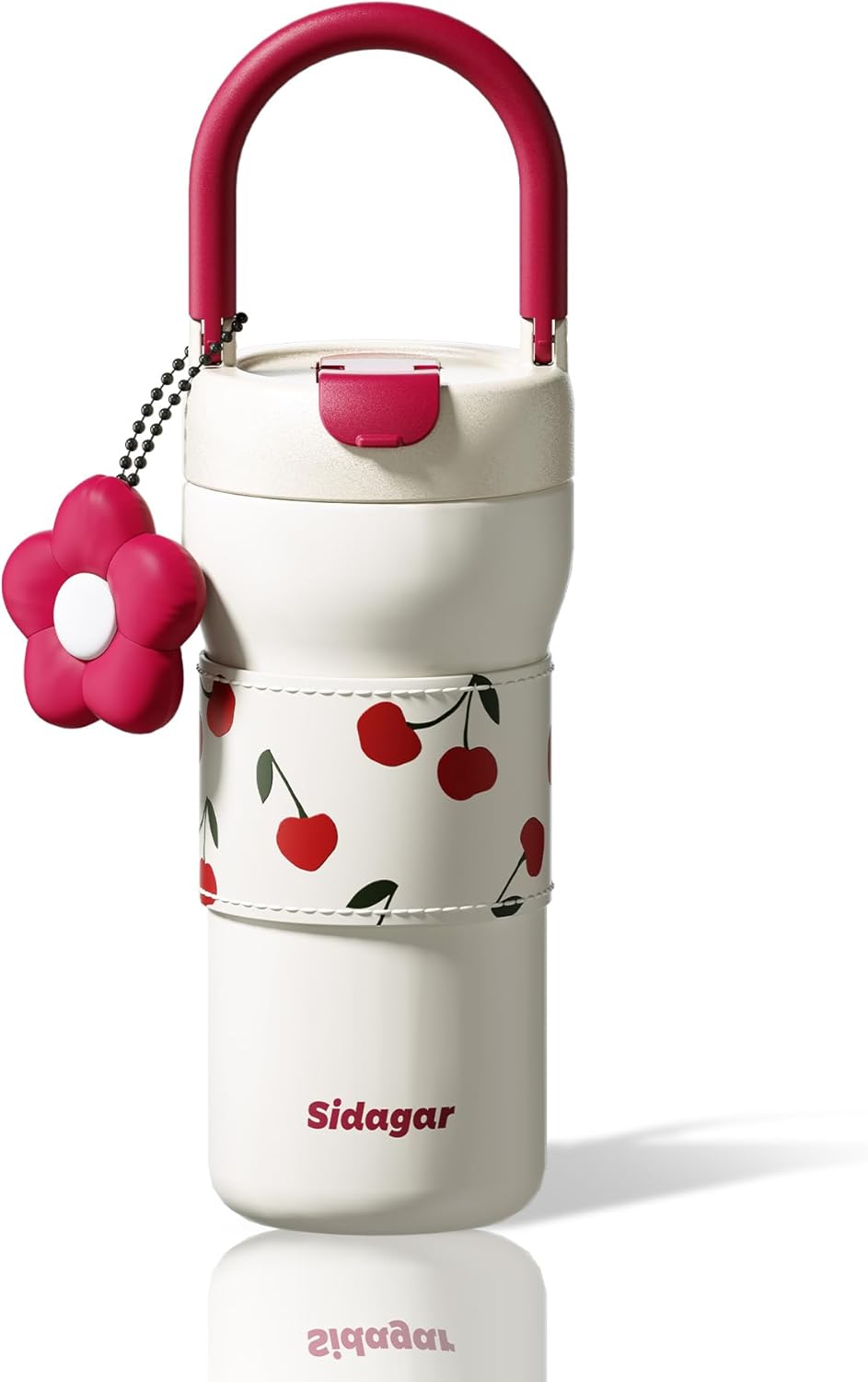 24 oz Tumbler with Handle and Straw, Stainless Steel Insulated Water Tumbler, Aesthetic Fruit Print Coffee Mug for Women, Yoga, Commute, Cherry Charm - Pearl White