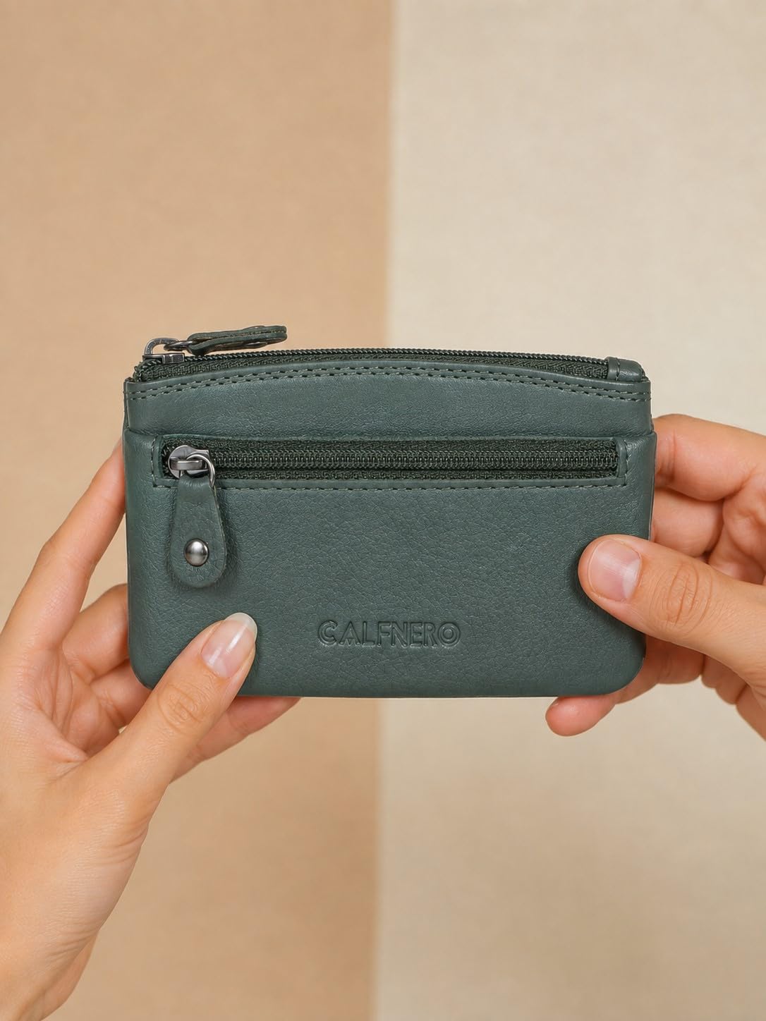 CALFNERO Genuine Leather Coin Wallet & Key Case | Leather Key Organizer for Men Women | Zippered Key Holder, Coin Purse, Cash & Card Pouch | Unisex Compact Travel Wallet (Green) 1
