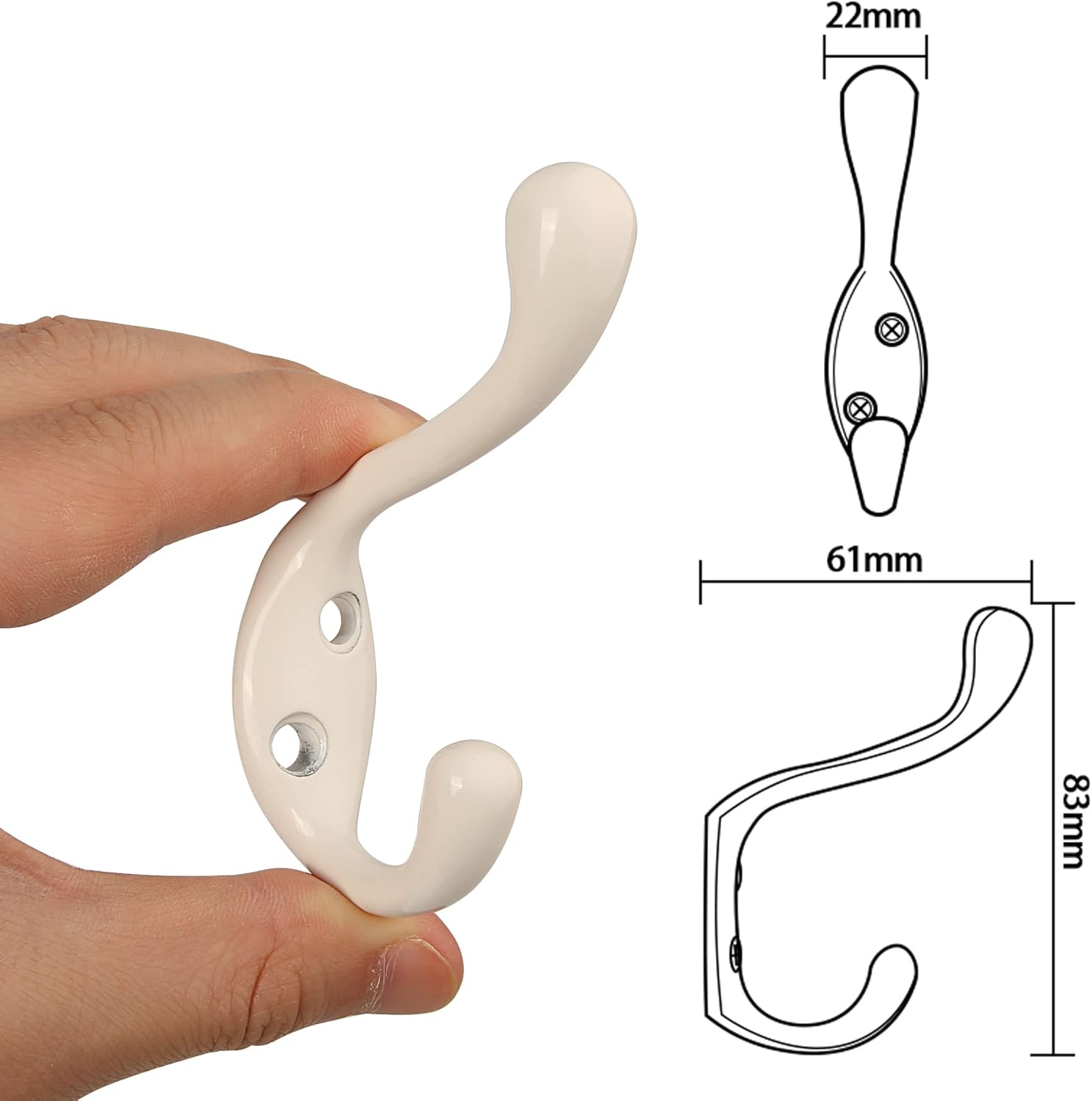 HASWARE 6 PCS Double Prong Robe Hook, Dual Coat Hooks Antique Wall Mounted Hooks Robe Vintage Hangers Heavy Duty with 12 Pieces Screws for Hat Clothes Hanger Towel Keys (White Finish)