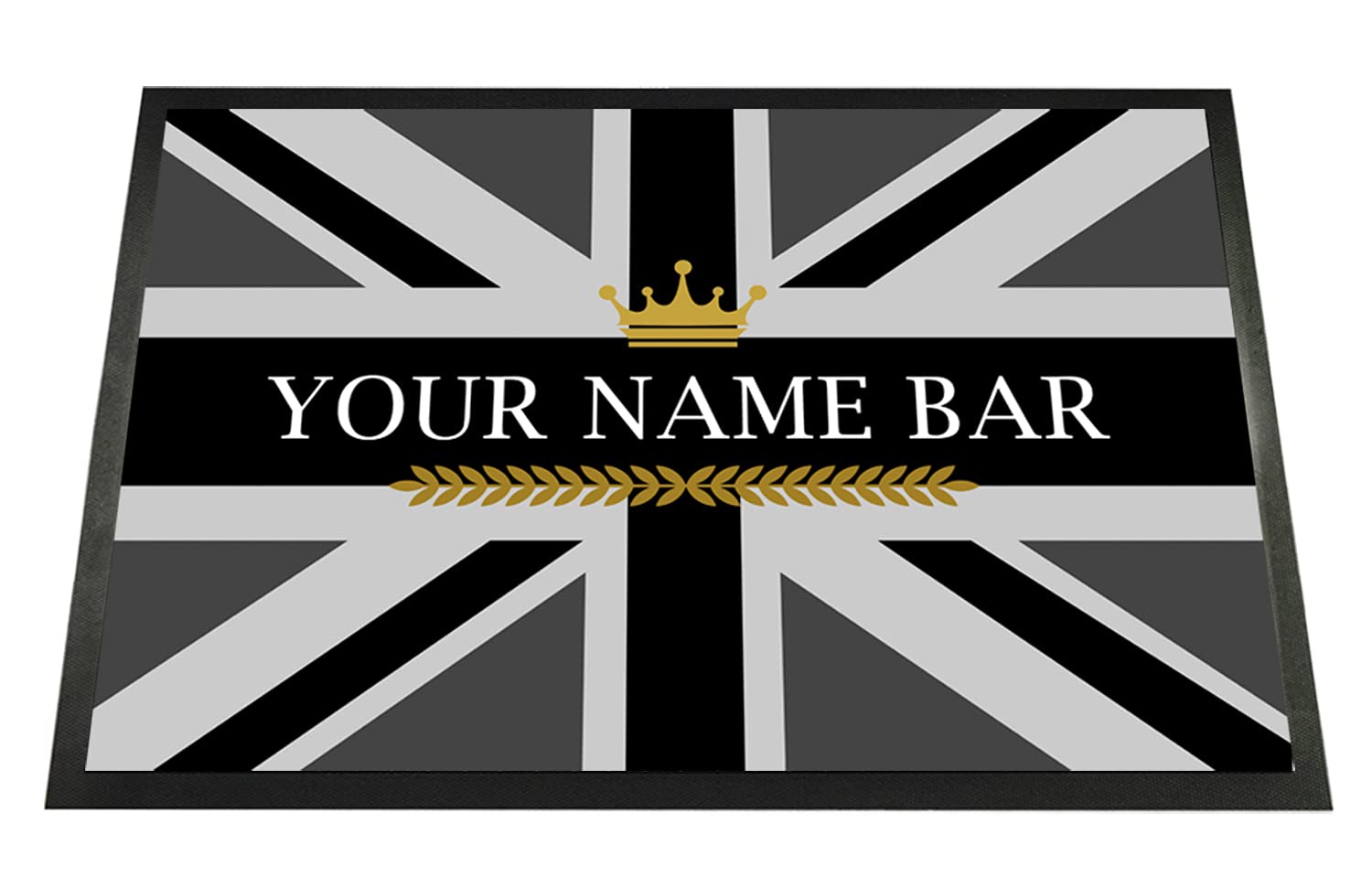 Personalised Bar Door mat - Grey Union Jack crown, any name, Door mat 60 x 40cm, non slip base indoor home bar door mat