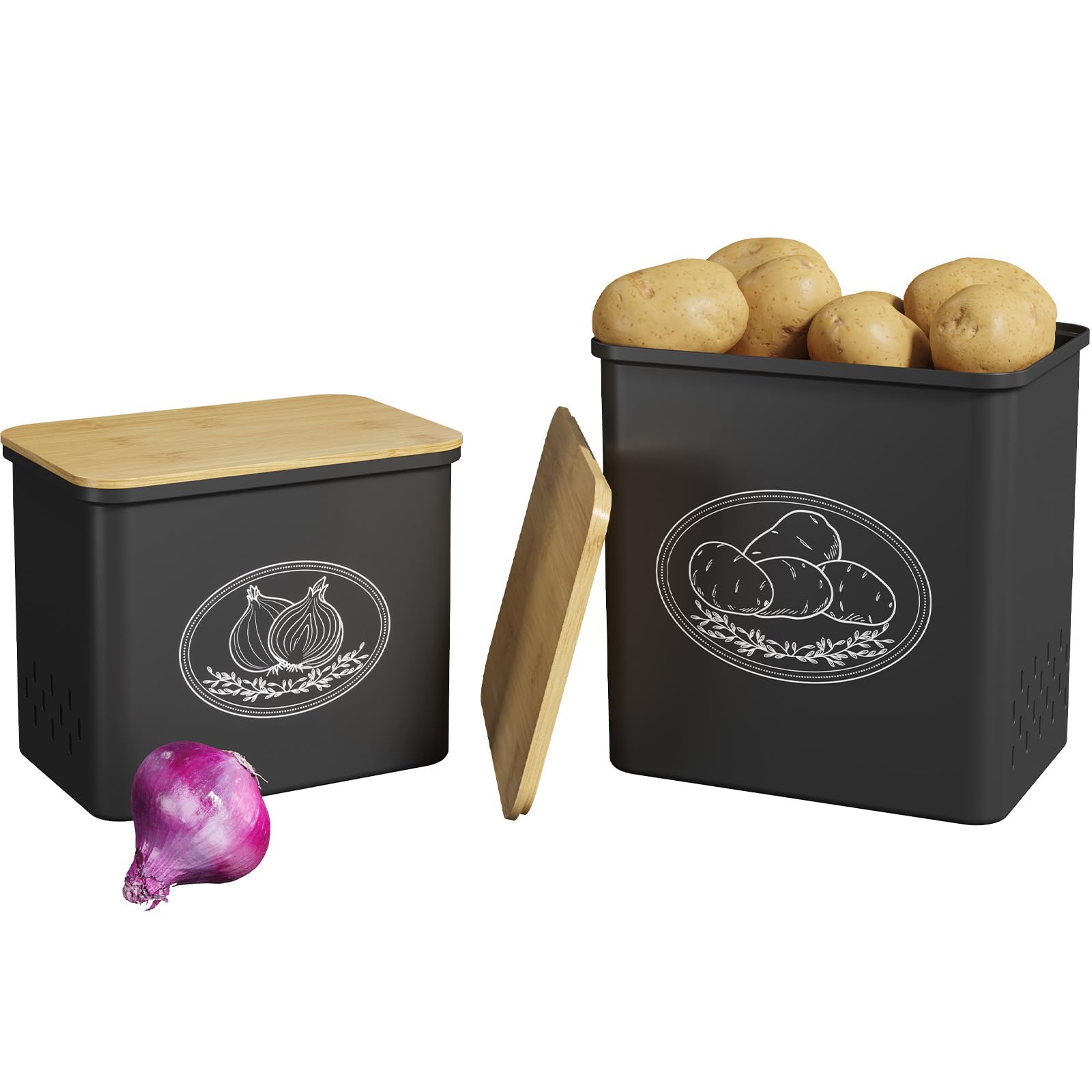 Lifewit Kartoffel Aufbewahrungsbox, 2er Set Große Kunttsoff Vorratsdosen für Kartoffel Zwiebel knoblauch Aufbewahrung, Stapelbare Kartoffelbox Aufbewahren Küche mit Frischebelüftung, 24 cm(H) Schwarz