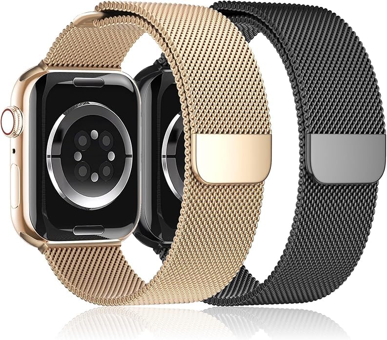 Image of Meyaar Magnetic Loop for Apple Watch Band 46mm 42mm 44mm 45mm 49mm Women Men,Magnet Stainless Steel Mesh Metal Strap for iWatch Ultra /2 Series 10 9 8 7 6 5 4,SE /2nd Generation (Black-Rose Gold)