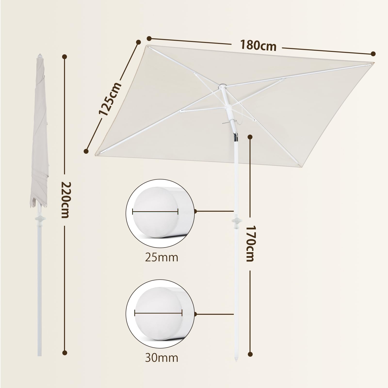Sekey 180 × 125 cm Sonnenschirm mit Schutzhülle, Balkonschirm Gartenschirm Terrassenschirm, Sonnenschutz UPF50+, Kippbar, Höhenverstellbar, Rechteckig- Graubeige