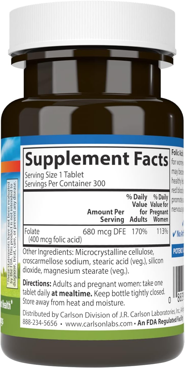 Carlson - Folic Acid, 400 mcg, Provides Important Prenatal Support, Fetal Development, 300 Tablets (Pack of 2)