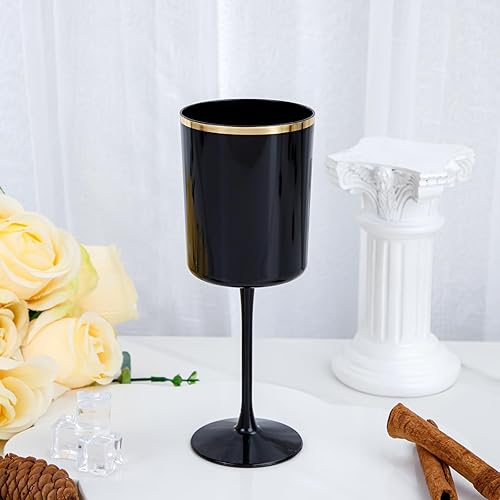 Miniatura 4 de Ciaell Paquete de 12 copas de vino de plástico negro  Copas de vino de plástico de 10 onzas con tallo  Copas de vino desechables negras y doradas,