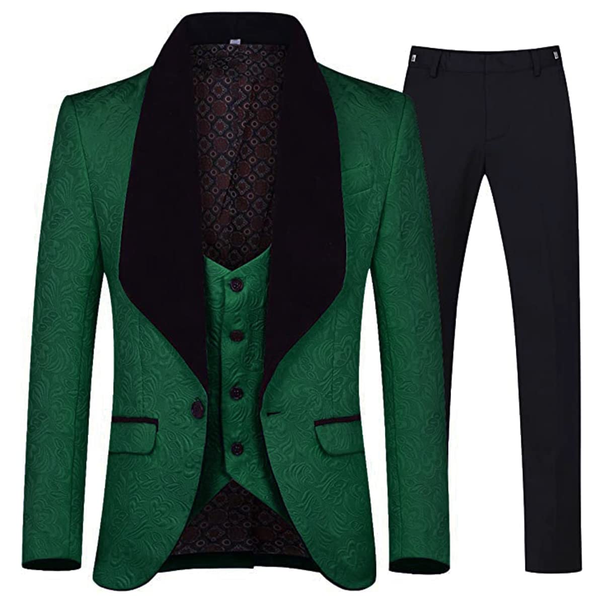 yffushi Men's 3 Piece Suit Slim Fit Jacquard Tuxedo One Button Shawl Collar Jacket Vest Trousers-picture-34