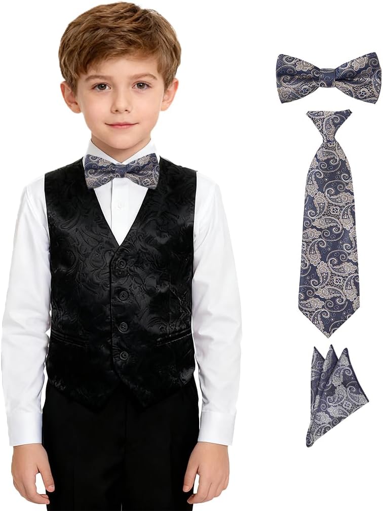 Boys Vest 4 Piece Paisley Boy Suit Vests Set for Kids Jacquard Waistcoat with Bowtie, Necktie, Pocket Square