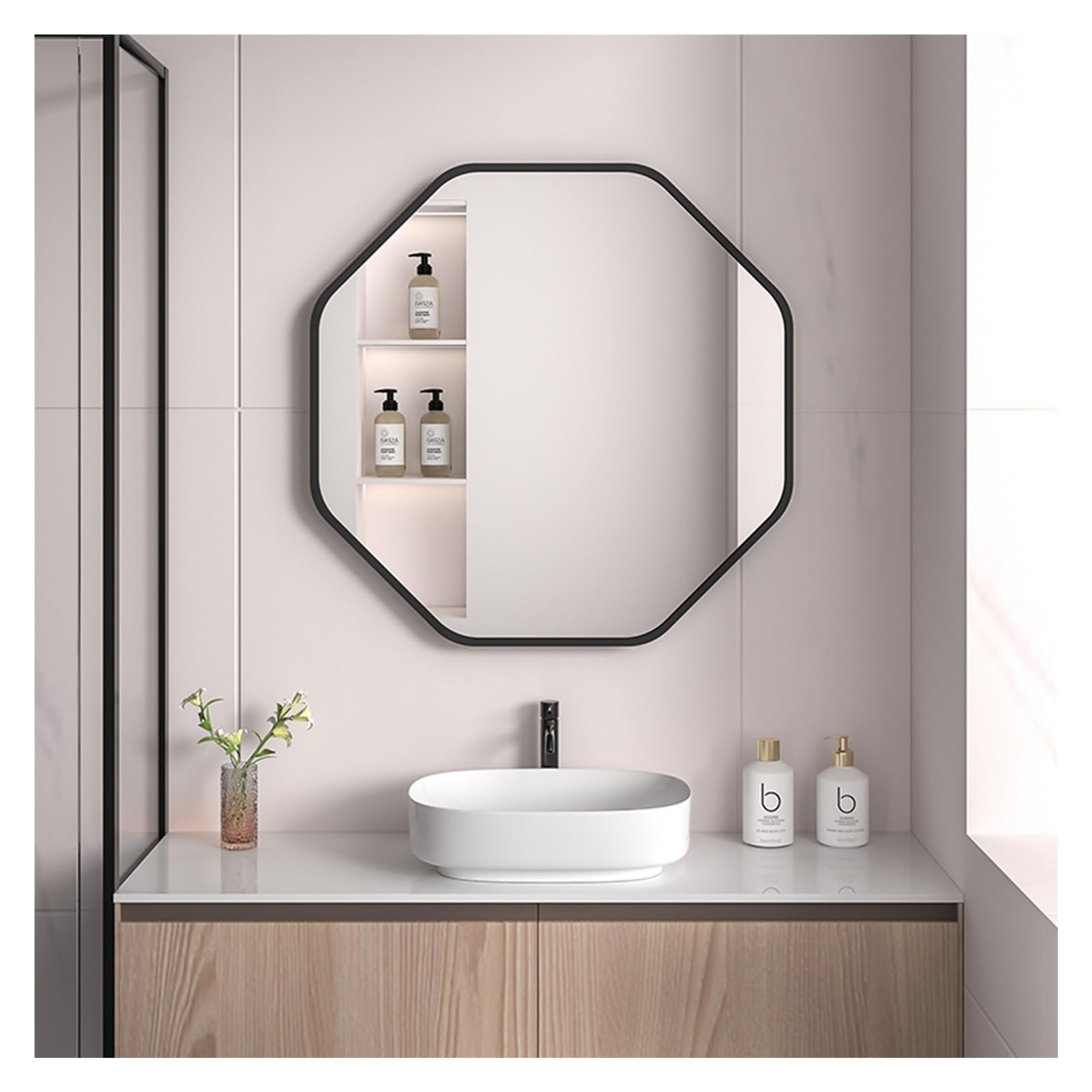 SXFSDOU Modern Black Octagonal Wall Mirror - Metal Frame Vanity for Bathroom, Bedroom, Entryway & Dining Room 40cm/15.7in Decorative Accent