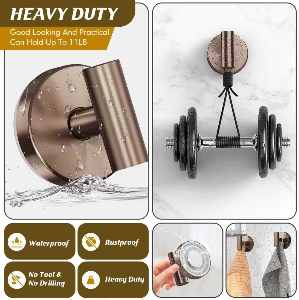 Suction Cup Hooks for Shower,Heavy Duty Shower Towel Suction Hooks,No Drill Wall Mounted Towel Hooks for Bathrooms Wall,Kitchen,Glass,Mirror,Tile to Hang Towels,Robes,Coat-Champagne Bronze(4 Pack)