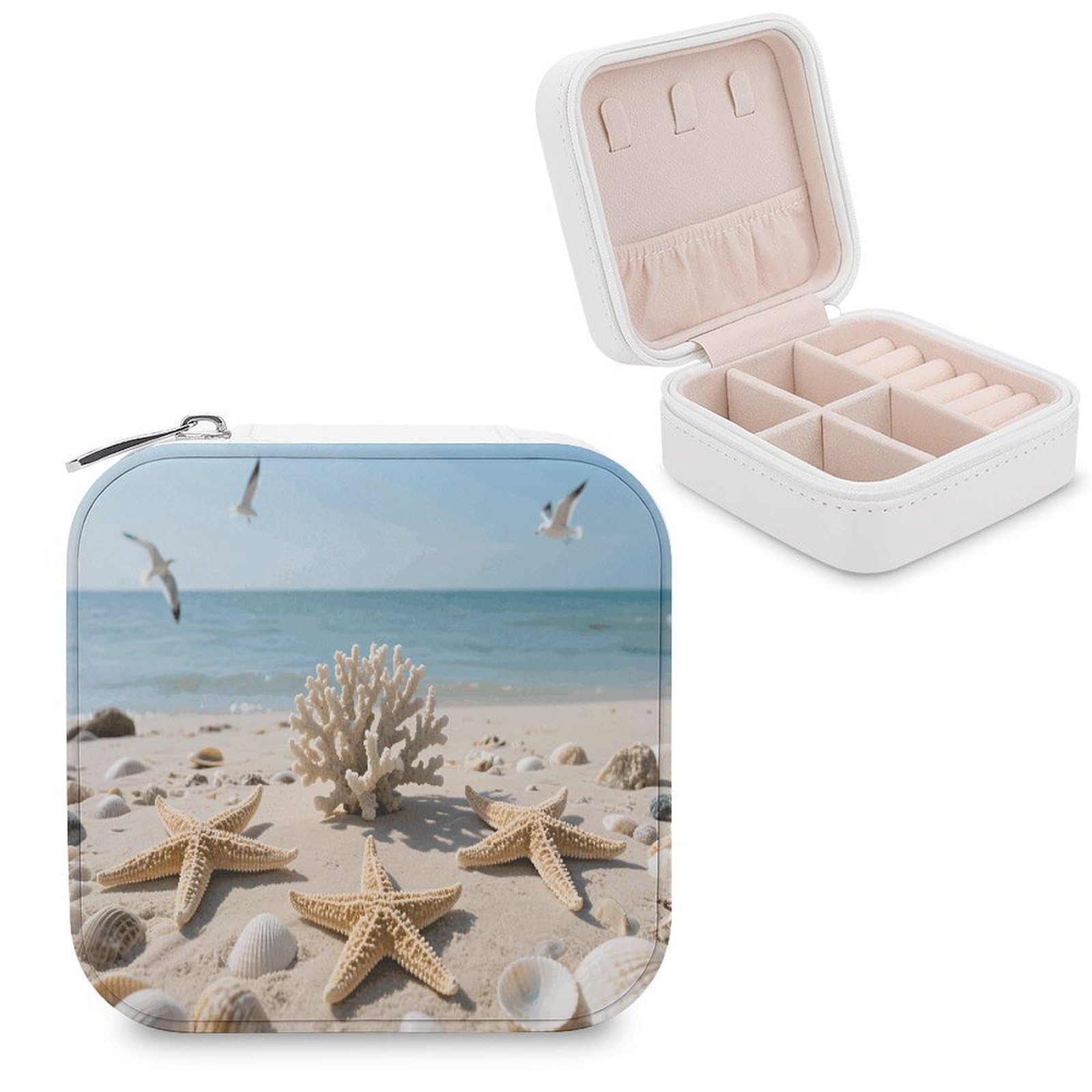 VstaDank Sea Shells And Starfish Jewelry Organizer Travel Case for Women With Zipper Mini Jewelry Case PU Leather Jewelrys Box for Rings Necklaces Bracelets Earring Holder Organizer Storage