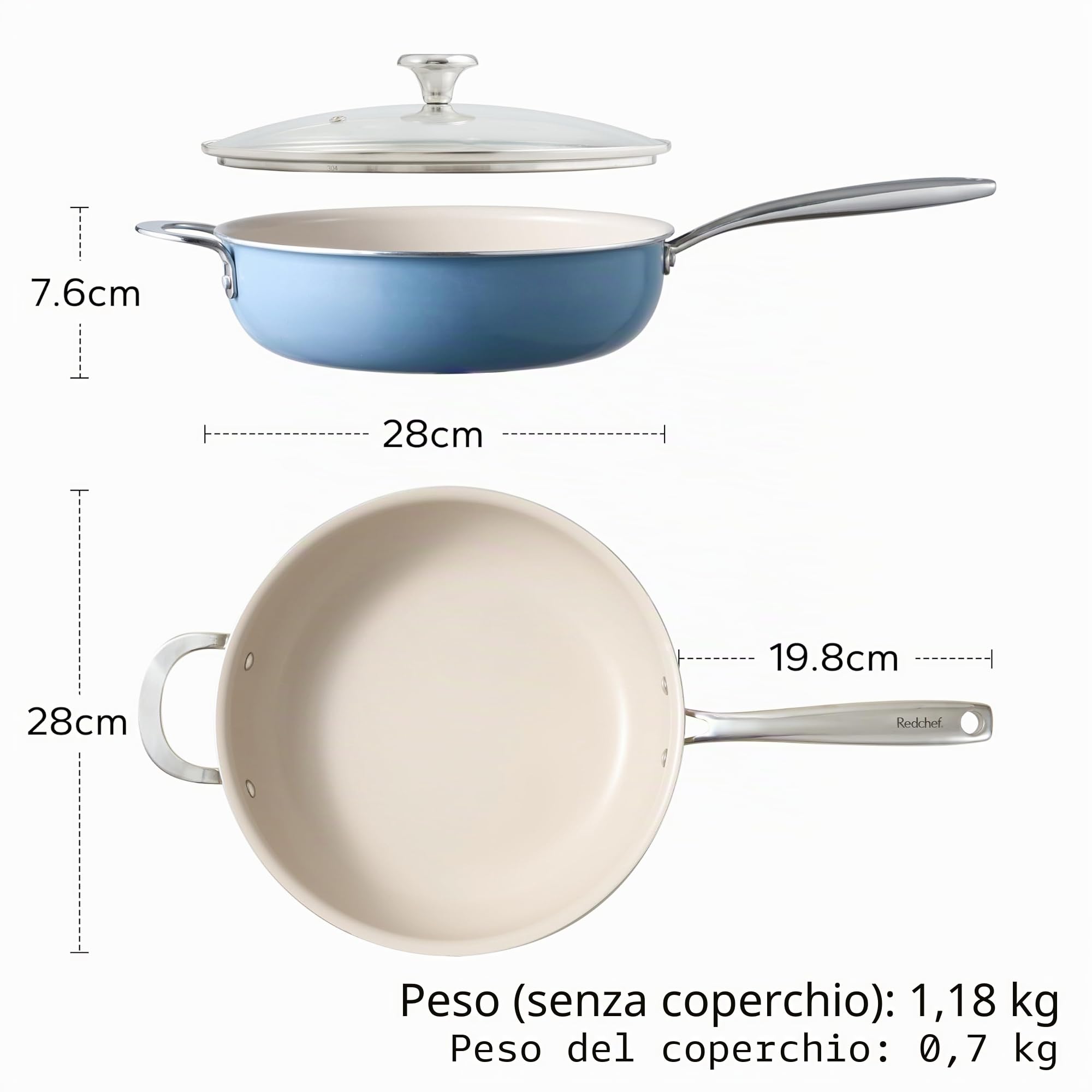 Redchef Padella da 28 cm, con coperchio, rivestimento antiaderente, in ceramica, a induzione con manico in acciaio inox, senza PTFE, senza PFAS, adatta al forno, lavabile in lavastoviglie, colore: blu