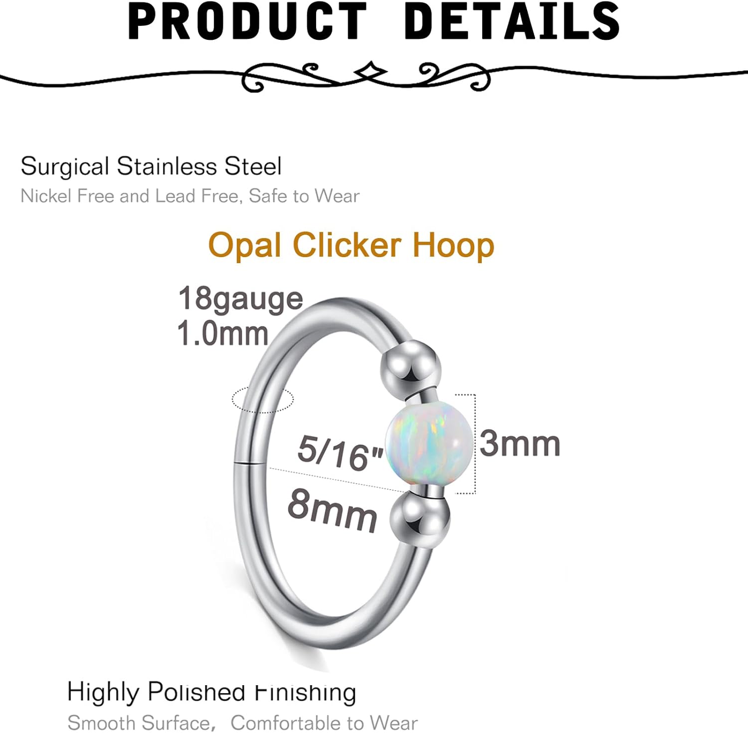 MODRSA Silver Cartilage Earrings for Women Helix Piercing Jewelry Opal Hoop Earring Small Tragus Helix Cartilage Hoop Second Hole Earrings for Women Septum Ring 18g Horseshoe Nose Ring Hoops 8mm - Image 2