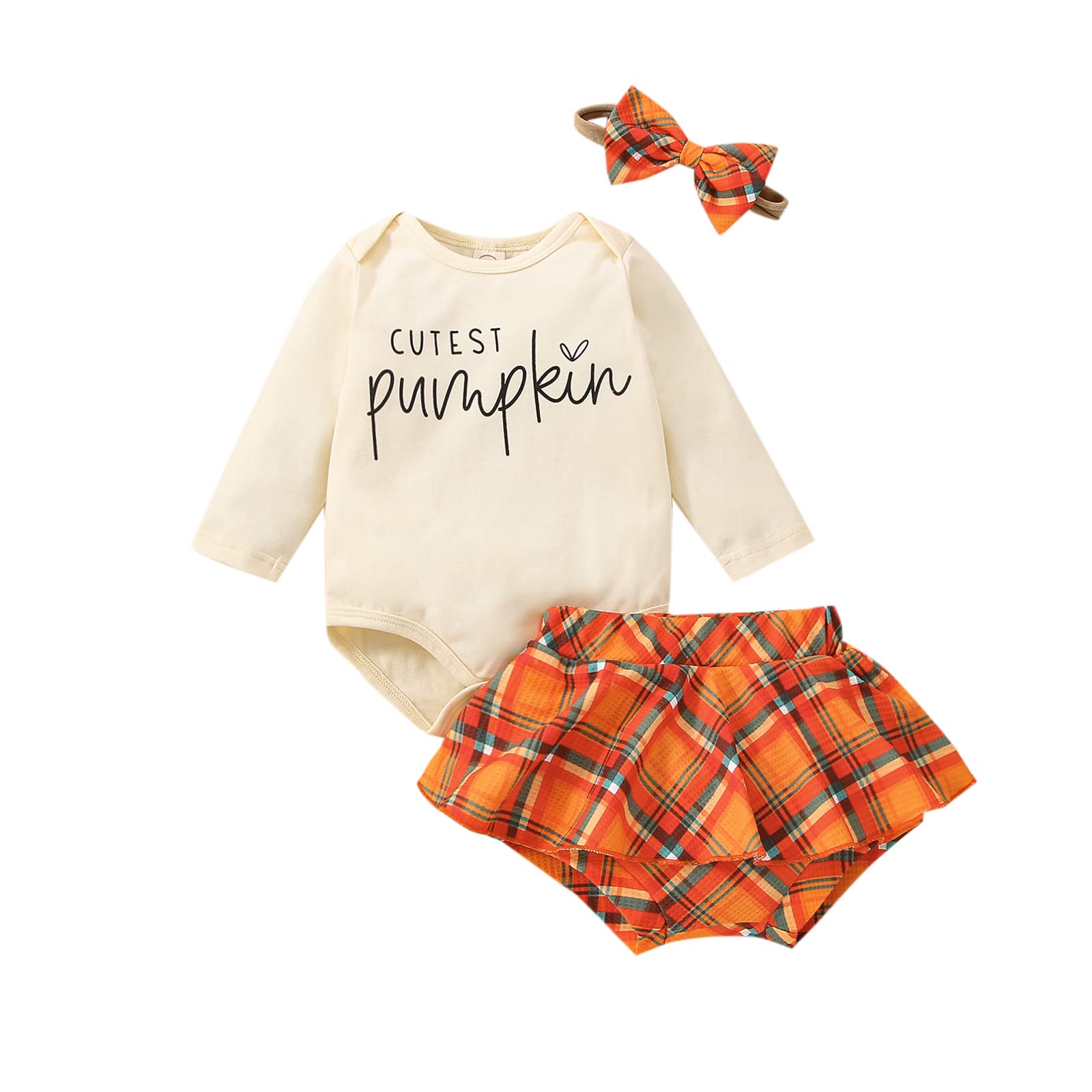 Madjtlqy Baby Girl 3PCS Halloween Clothes Set Pumpkin Letters Printed Short Sleeve T-Shirt + Plaid Shorts + Headband (Cutest Pumpkin, 2-3T)