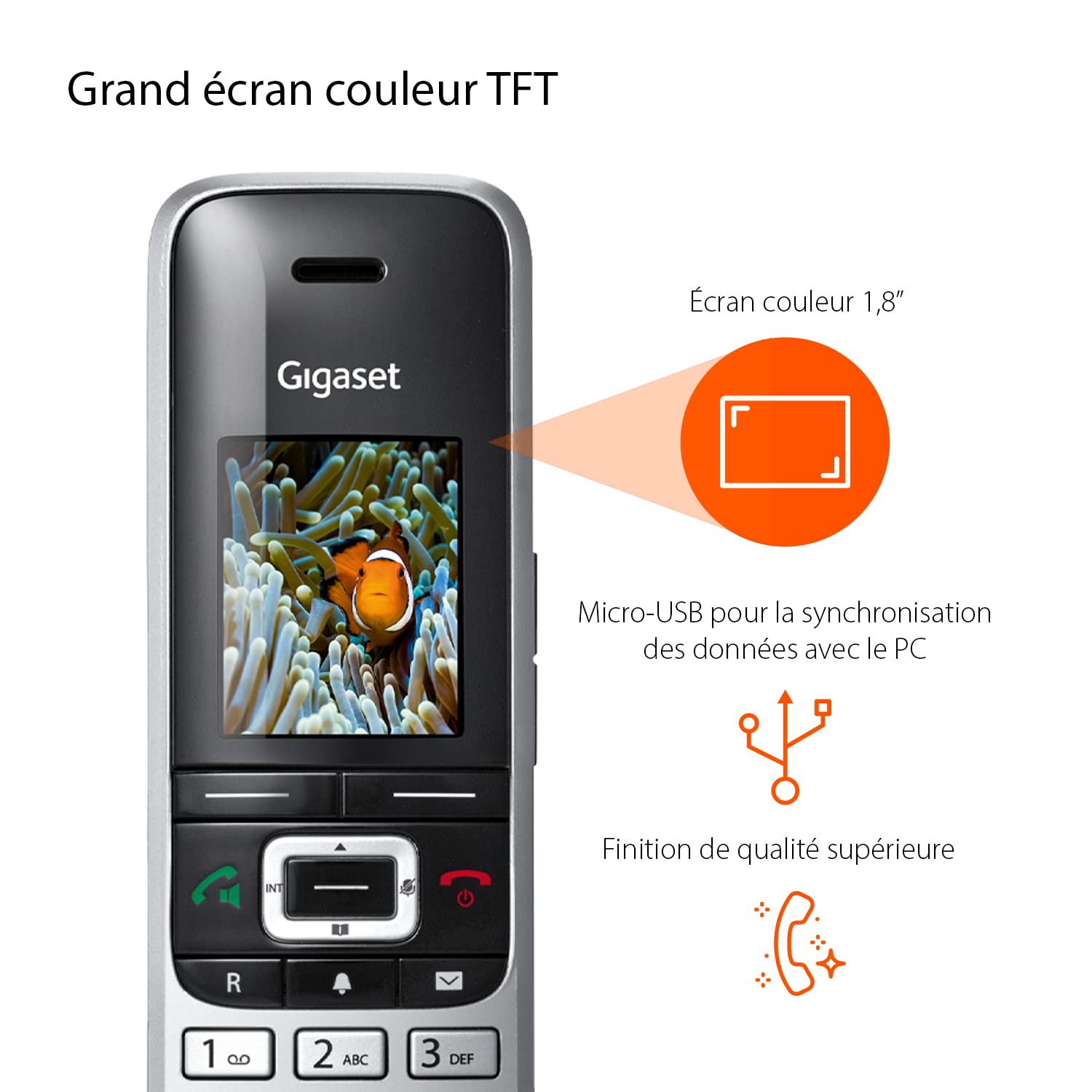 Gigaset Premium 100 - Téléphone sans Fil DECT - Grand écran Couleur TFT - Carnet d'adresses de 500 Contacts - Synchronisation des données par USB, qualité Audio supérieure, Coloris Platine-Noir