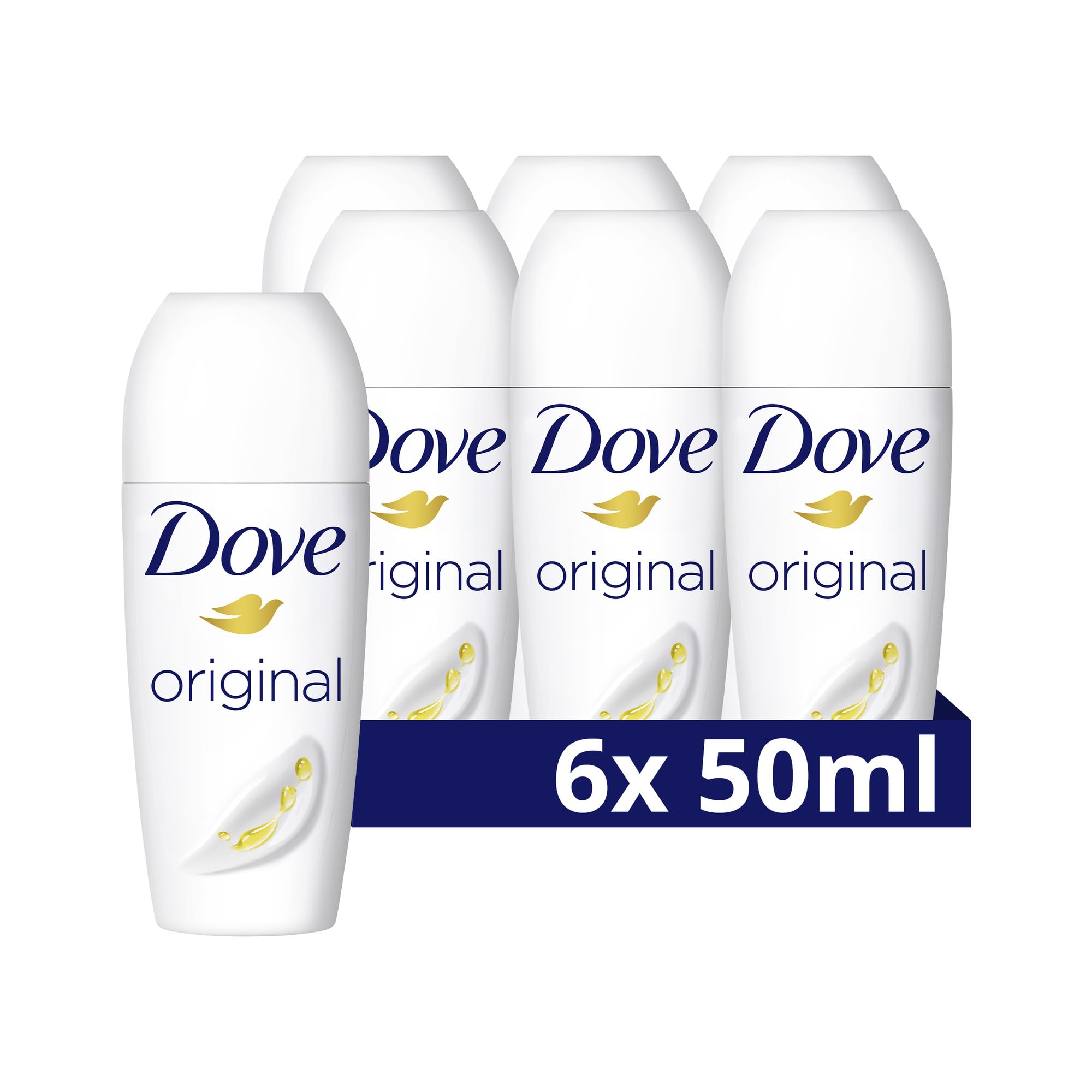 Dove Deodorant Roll-On Original 0% Deo ohne Aluminiumsalze mit 1/4 Pflegecreme und 48 Stunden Schutz 6x 50 ml