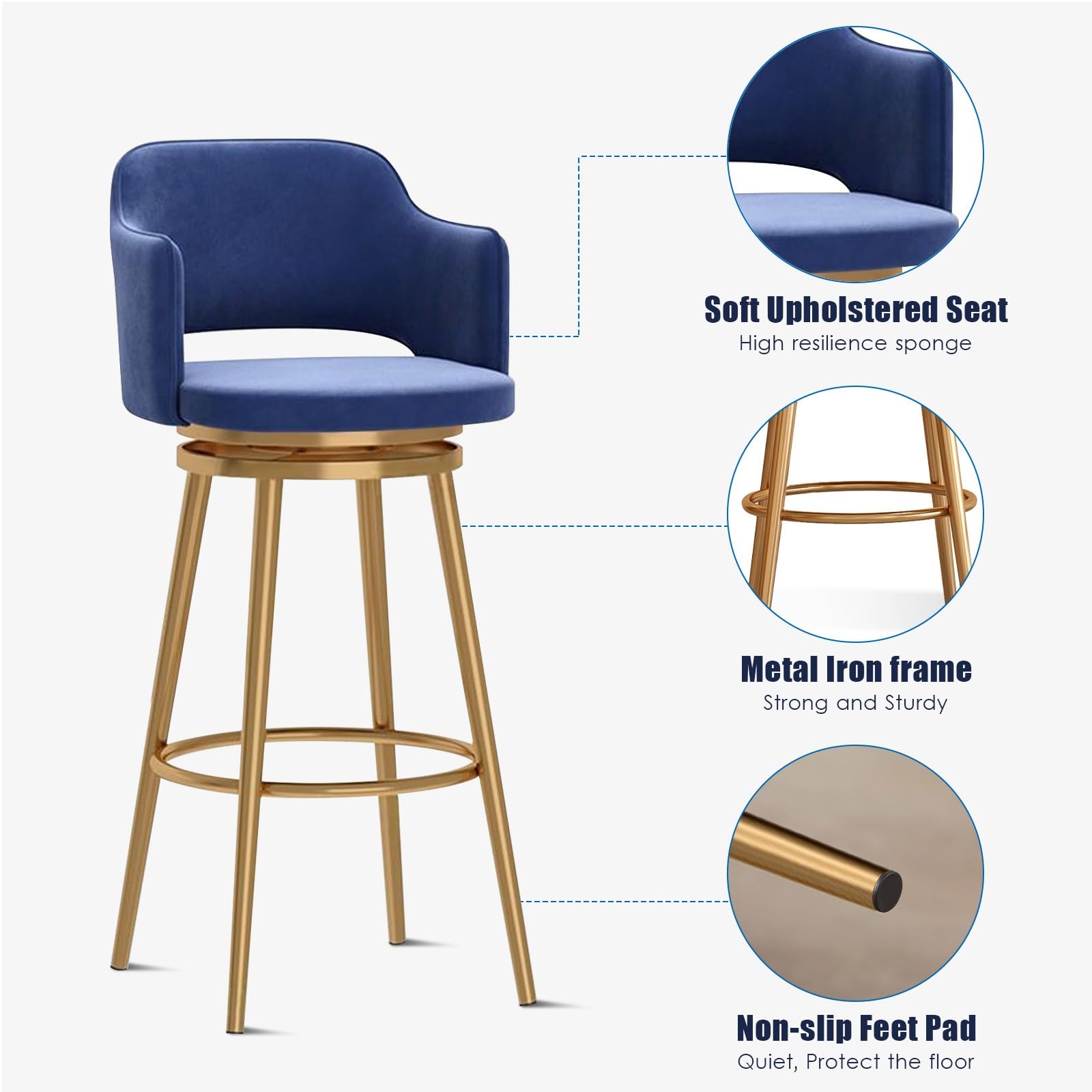 Sgabelli da bar girevoli da bancone, struttura in metallo, sedie imbottite in velluto con schienale, design moderno e confortevole per cucina a isola, set di 4