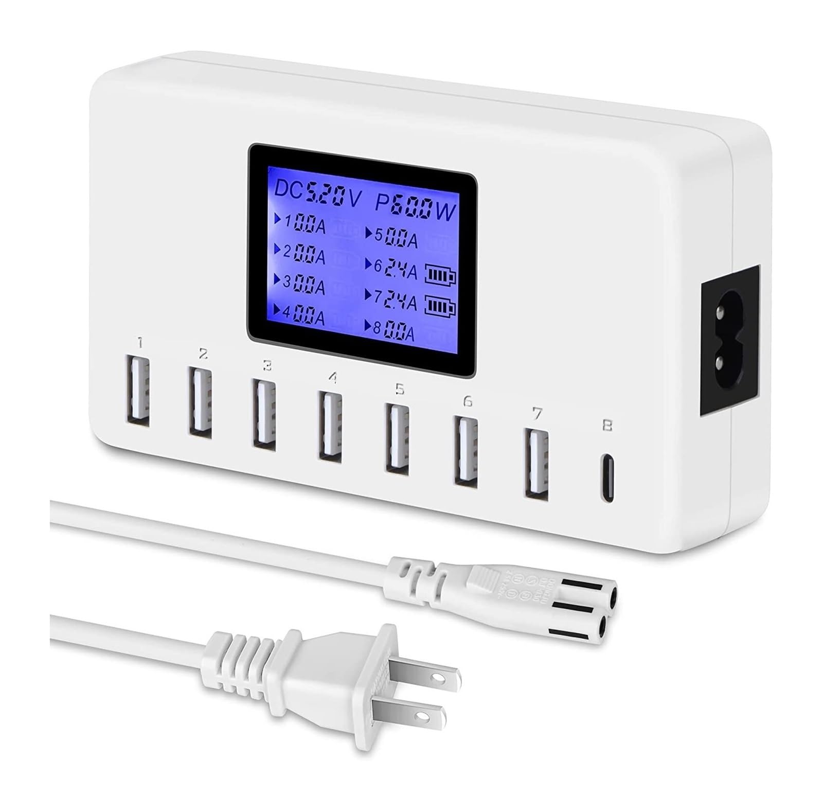 Ładowarka USB, Stacja ładująca USB 8 portów 60 W/12 A wieloportowa ładowarka USB typu C z wyświetlaczem LCD do telefonów komórkowych i tabletów wielu urządzeń Wielofunkcyjne gniazdo USB