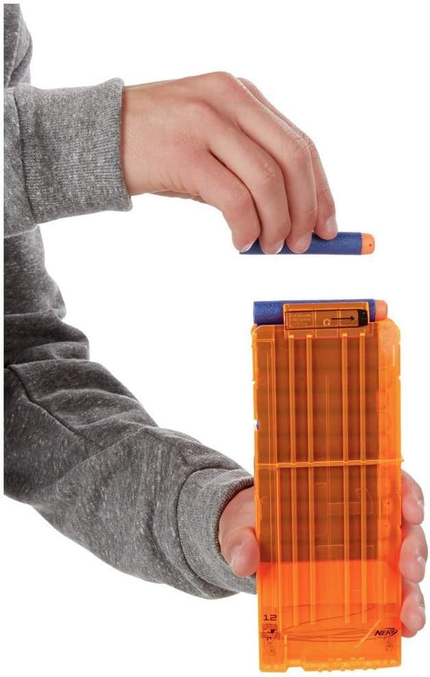 Hand loading a Nerf Elite dart into a 12-dart clip
