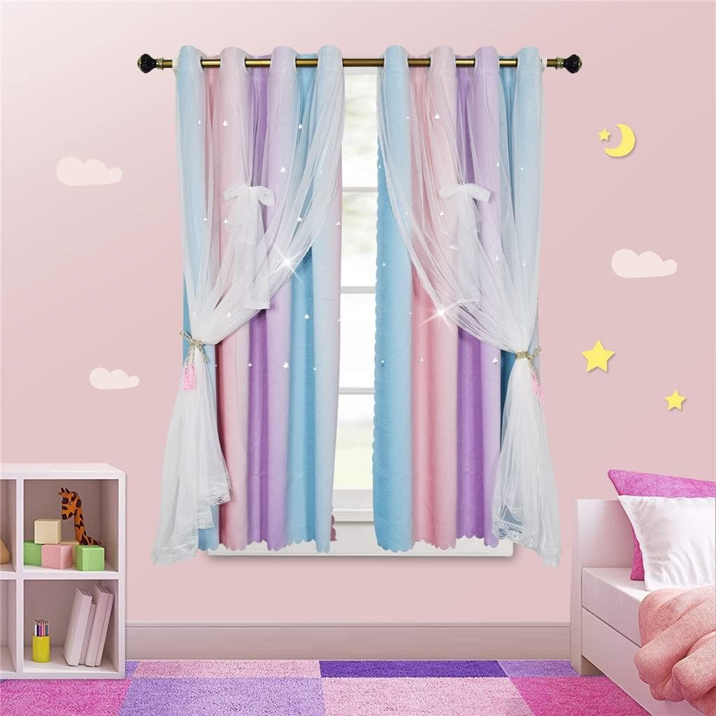 Curtains for Girls Bedroom Kids Curtains Nursery Hollow Out Star Window Curtains Room Darkening Grommets 2 Layers (Color : A, Size : 52x96in(130x240cm)) (A 52x84in(130x215cm))