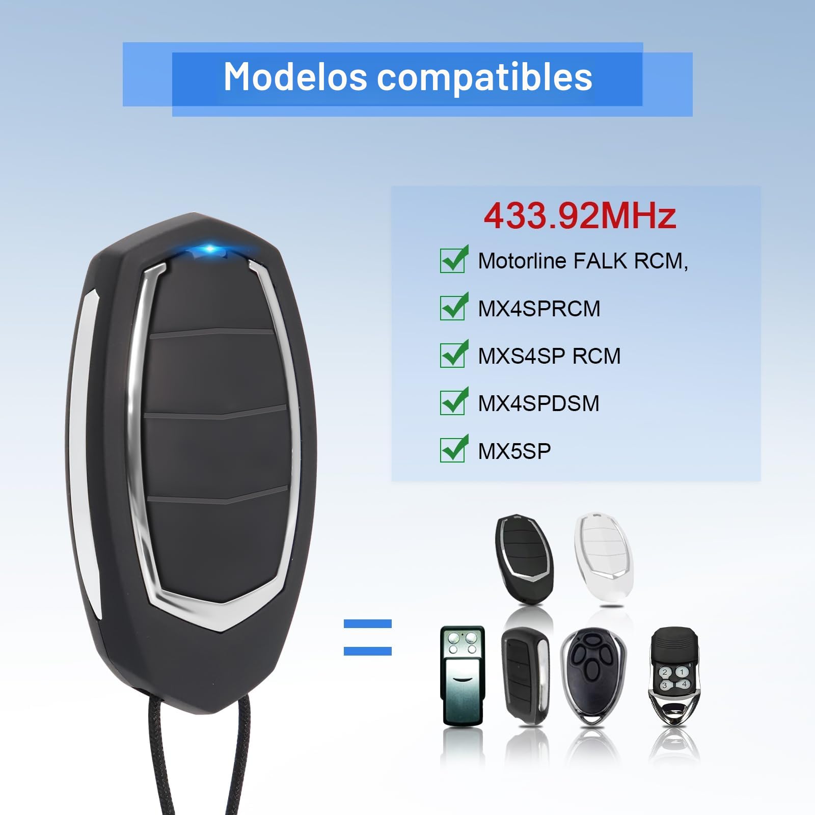 433,92MHz Mando Garaje Universal,3 Unidades de Mando a Distancia para MOTORLINE Falk MX4SP MXS4SP MX5SP RCM DSM,4 Canales Clonador Mando Garaje Inalámbrico