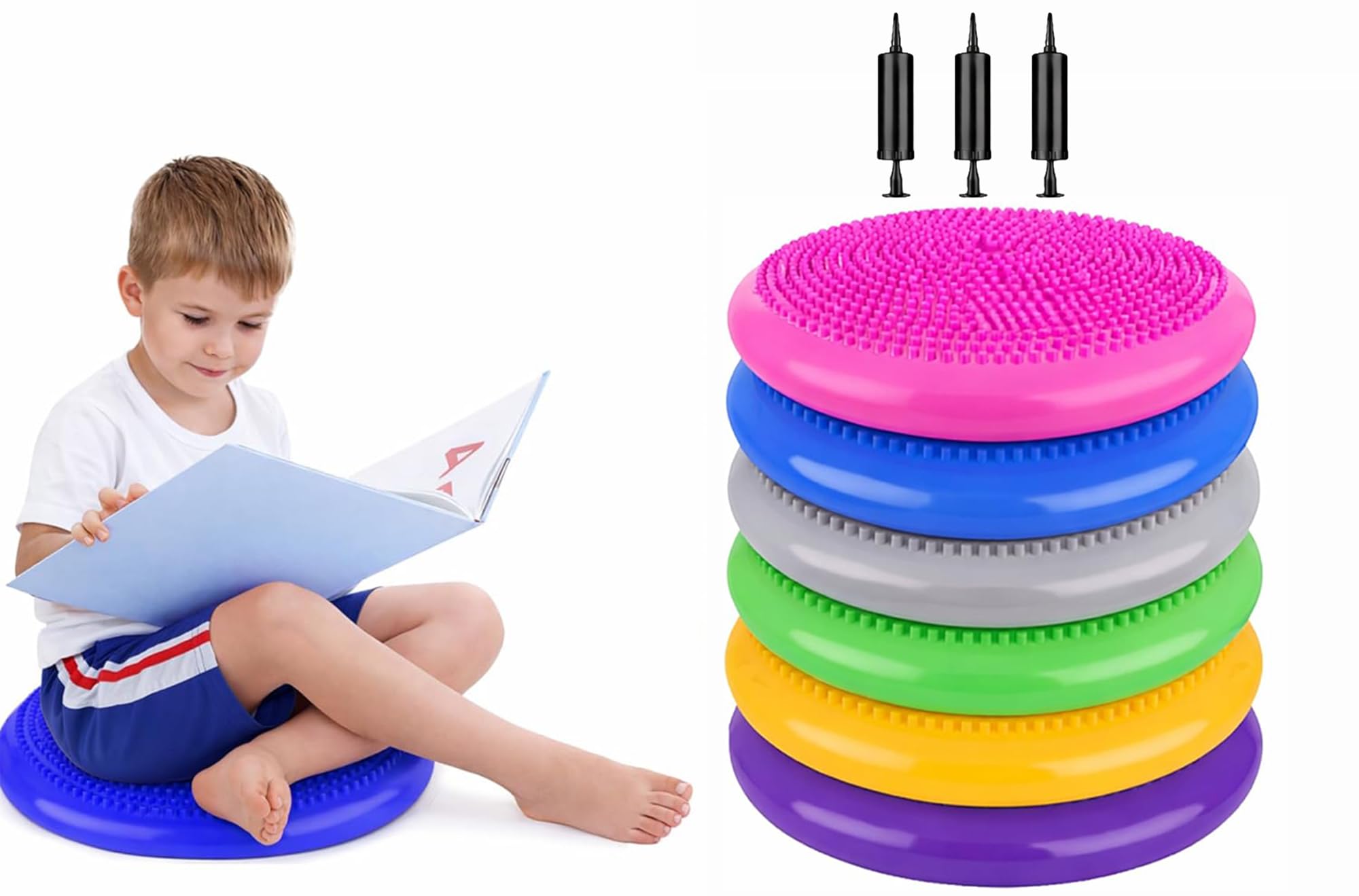 Inflated Wobble Cushion 34CM Inflatable Air Stability Cushion Balance Board with Pump Non-slip Balance Disc Sitting Posture Trainer Wiggle Seat for Office School Home Equipment (6 PCS)
