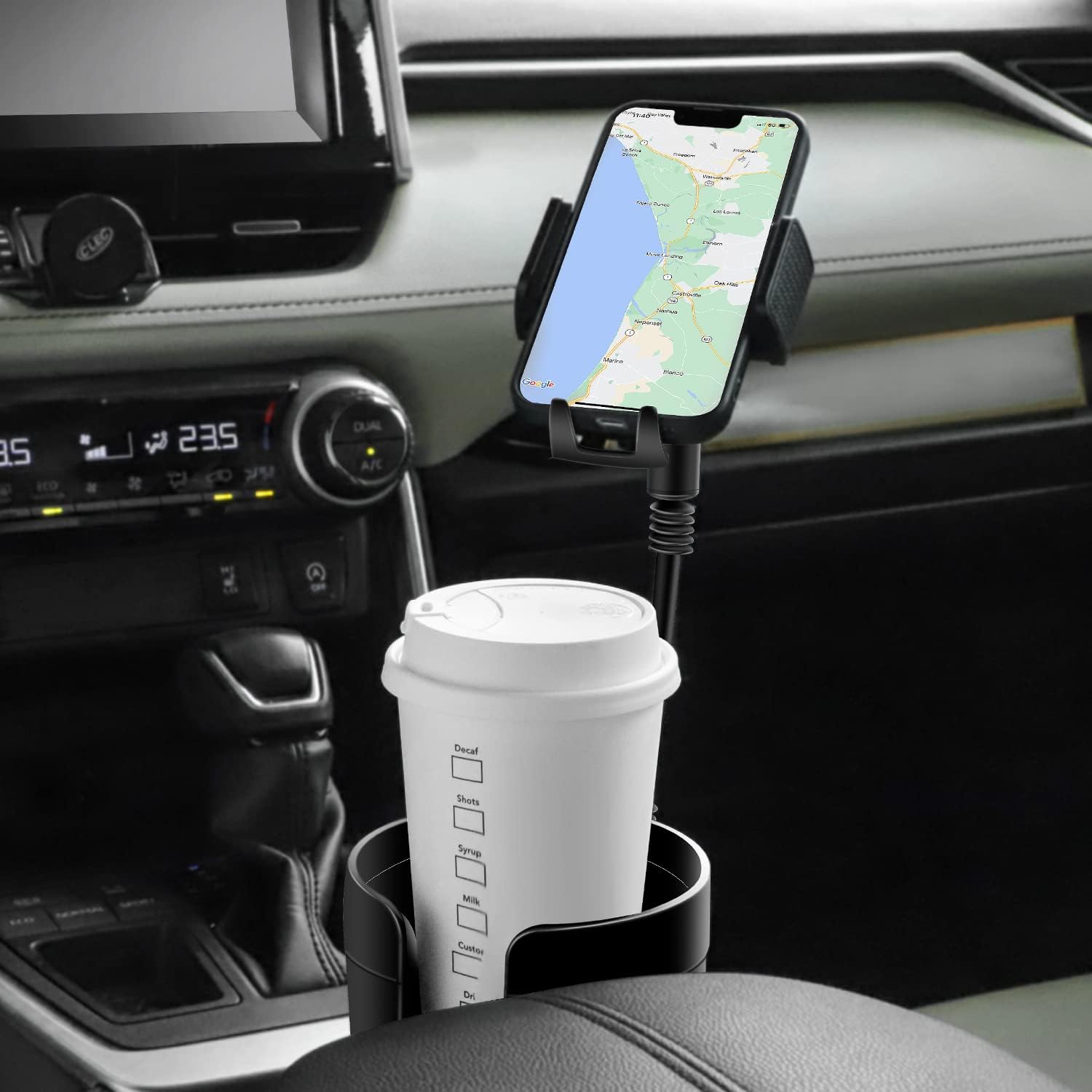 CLYMENE Car Cup Holder Expander with Phone Mount, Cup Holder Adapter Adjustable Base Compatible with 14-40 oz Hydro Flask, YETI, Nalgene Bottles & Big Drinks, Fits iPhone Samsung and All Smartphones