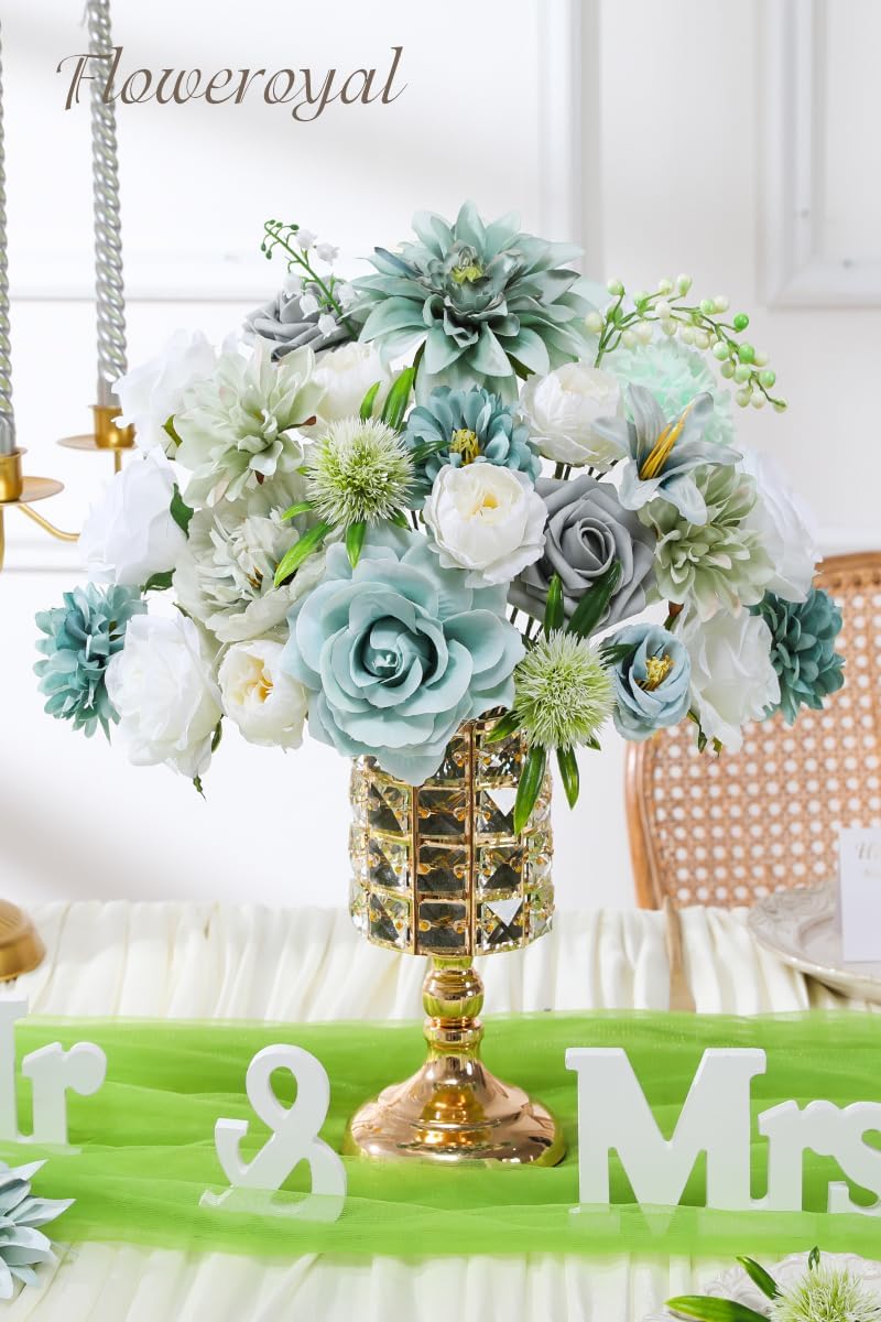 Floweroyal Artificial Flowers Combo Teal Blue Flowers Mix Silk Flowers Dahlia Roses with Stems for DIY Wedding Bridal Bouquets, Baby Shower, Floral Arrangement, Table Centerpieces, Home Decorations. - Image 3