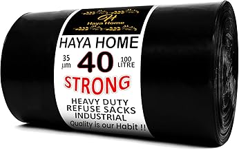 Haya Home 100L 40 Strong Black Plastic Bin Bags Heavy Duty Bin Liners, Refuse Sacks Pack of 40 X 1 Heavy Duty Waste Dustbin Bags roll for Kitchen Home Office DIY Garden 100% Recycled Material