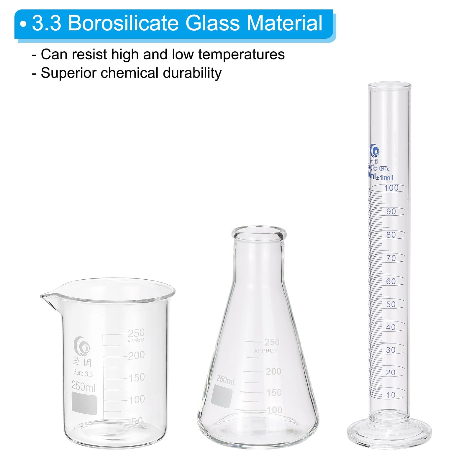 PATIKIL Juego Vaso Precipitados, Matraz Y Cilindro, Borosilicato 3.3 Tazas Medidoras 50/100/250ml, Cilindros Graduados 10/50/100ml, Matraces 50/150/250ml Experimentos Laboratorio