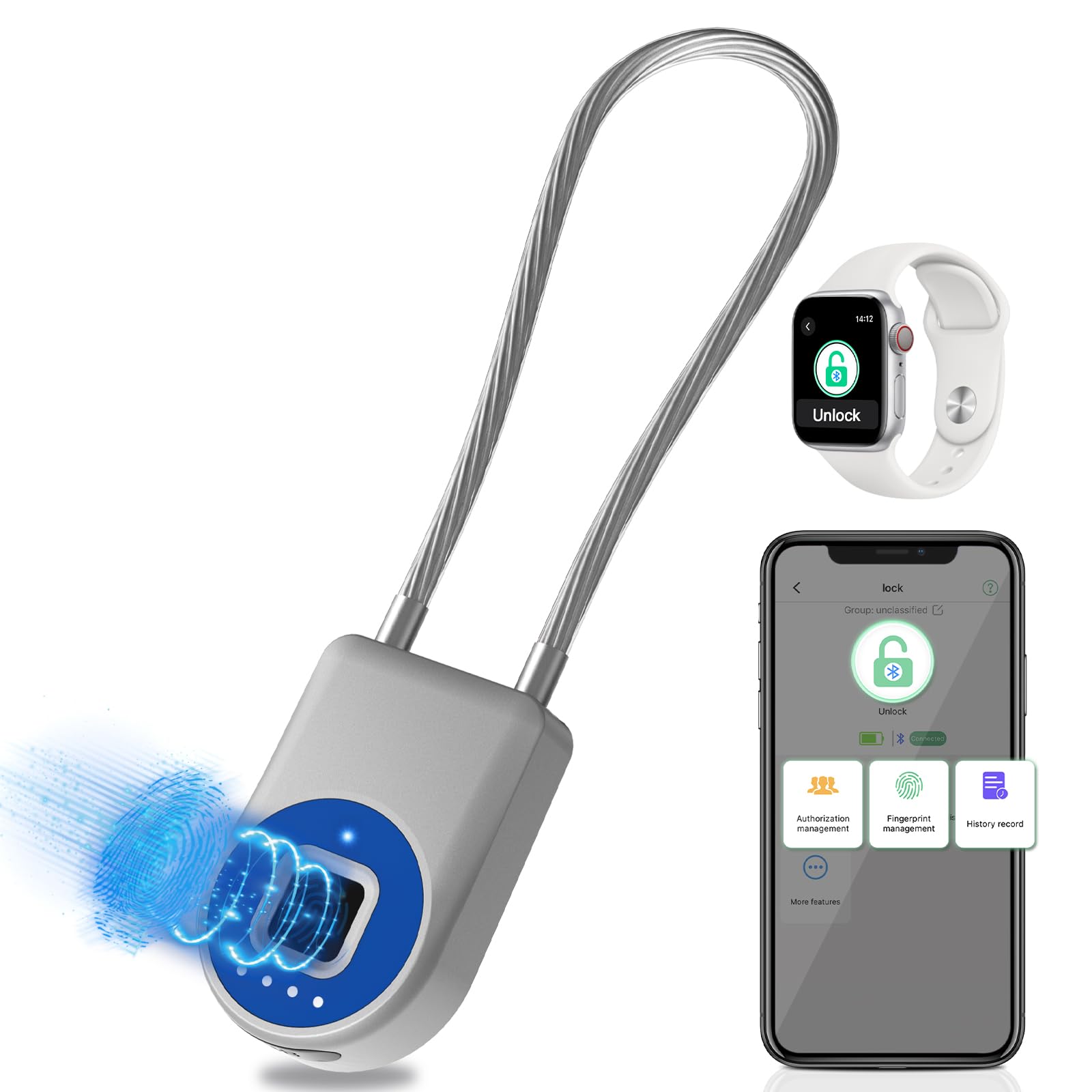 Fingerprint Cable Lock, Eseesmart Long Shackle Fingerprint Padlock with APP Control, Cabinet Lock, Luggage Lock, Outdoor Waterproof Padlock for Gym