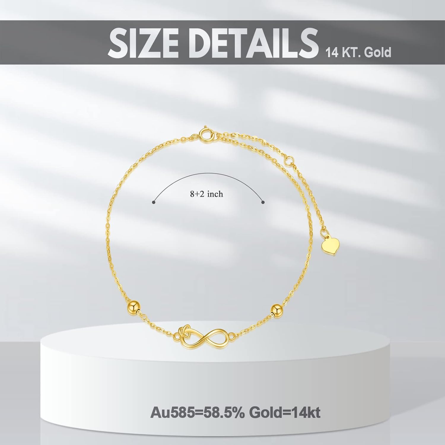 14K Real Gold Heart Ankle Bracelets for Women Mothers Day Gifts for Mom Inifnity Bracelet Love Jewelry Birthday Gifts for Women Her Sister Grandma Mom Wife Girlfriend, 6.5+2 Inches