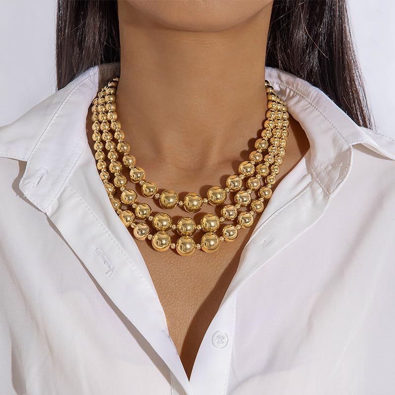 Chunky Balls Beaded Gold Statement Necklace for Women Vintage Large Layered Choker Exaggerated Big Round Ball Beads Collar Necklaces Trendy Hip Hop Jewelry - Image 2