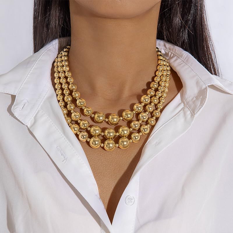 Chunky Balls Beaded Gold Statement Necklace for Women Vintage Large Layered Choker Exaggerated Big Round Ball Beads Collar Necklaces Trendy Hip Hop Jewelry2