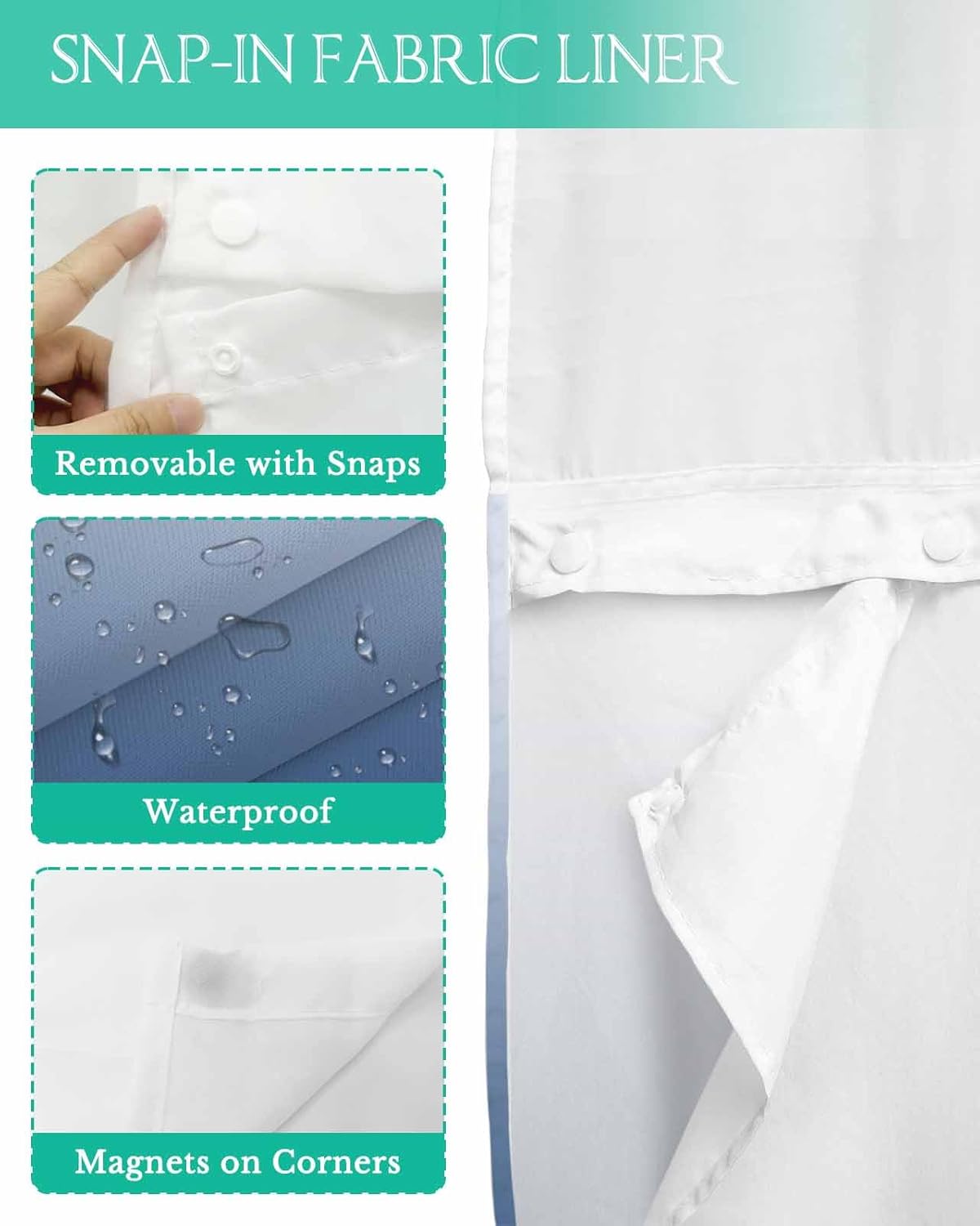No Hook Shower Curtains, Navy Blue Ombre Waterproof Shower Curtain with Snap in Liner Set, Farmhouse Gradient Blue Hotel Quality Bathroom Decor, See Through Mesh Top Window - Standard 72"x72"