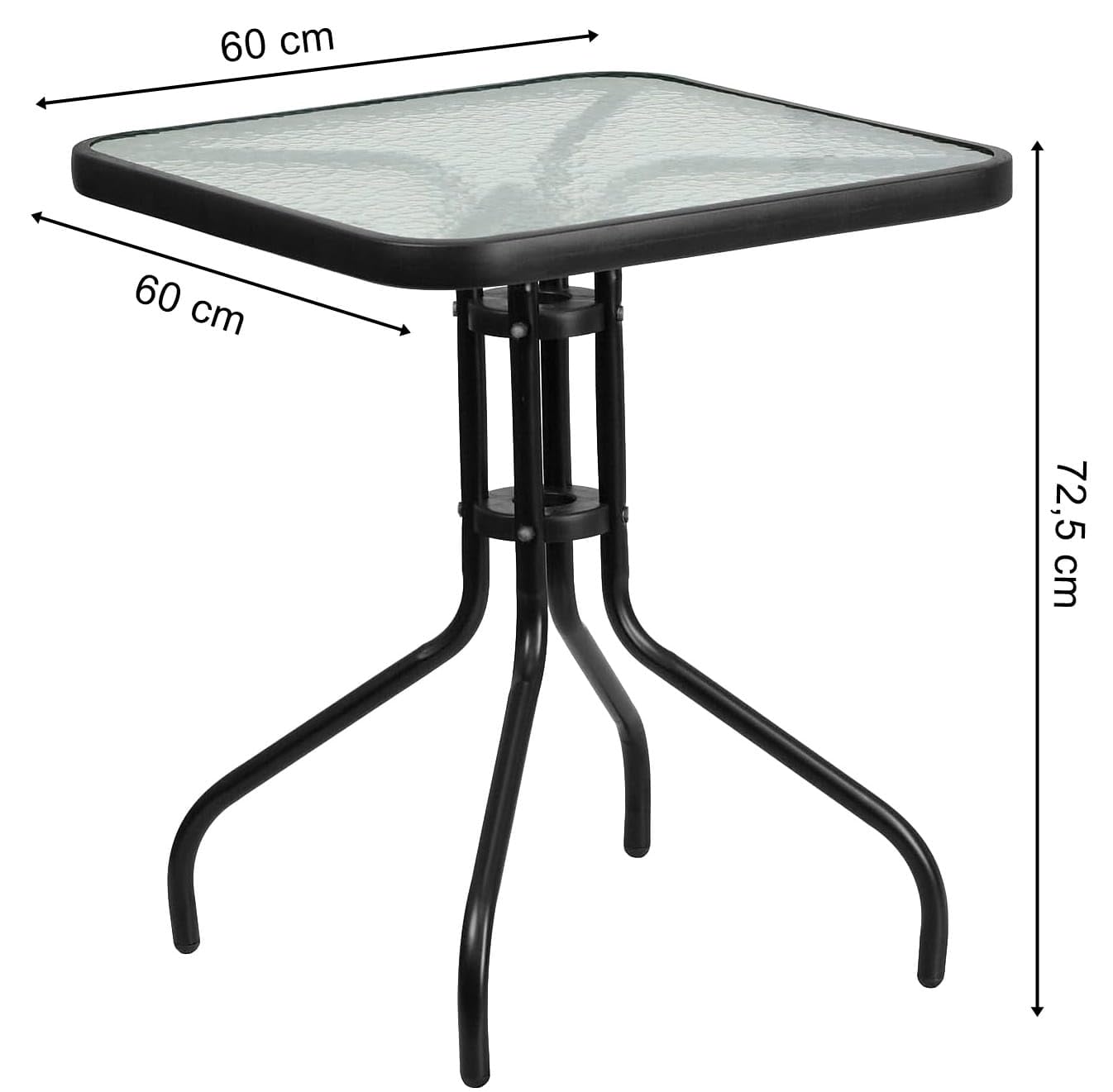 Tavolo Quadrato 60x60 cm Giardino Balcone Vetro Temperato 4 mm Acciaio Nero Interno Esterno