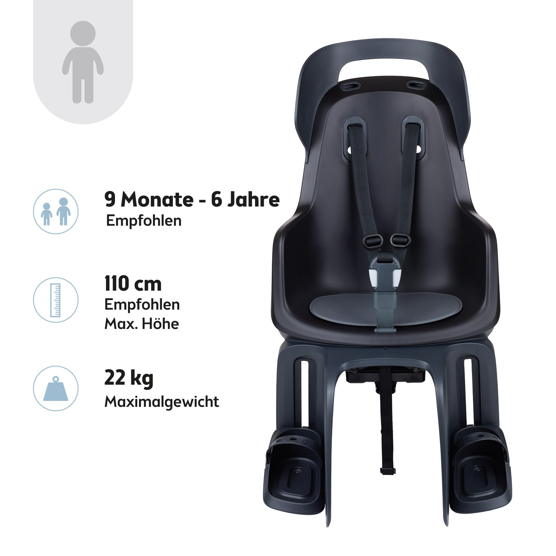 BOBIKE 8011500001 - Hinterer Kindersitz GO MAXI AVS+, montiert auf einem AVS+ Gepäckträger für Fahrräder, geeignet für Kinder mit einem maximalen Gewicht von 22 kg in der Farbe Urban Schwarz.