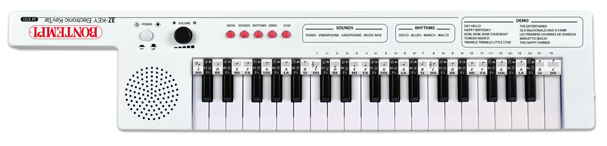 BONTEMPI Keytar Electrónico De 37 Teclas – 4 Sonidos, 4 Ritmos, 10 Pistas, Función OKON, Conexión USB-C, Bandolera Incluida, Dimensiones 550x112x40 Mm